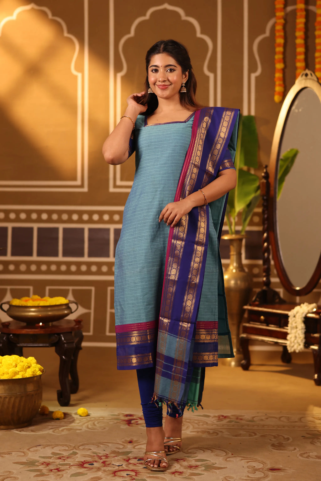 Peacock Teal Premium Cotton 2 Piece (Top and Dupatta)