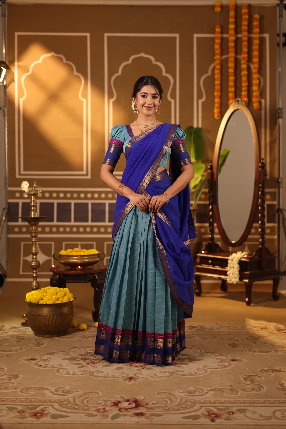 Royal Sapphire Blue Half Saree with Peacock Teal Skirt