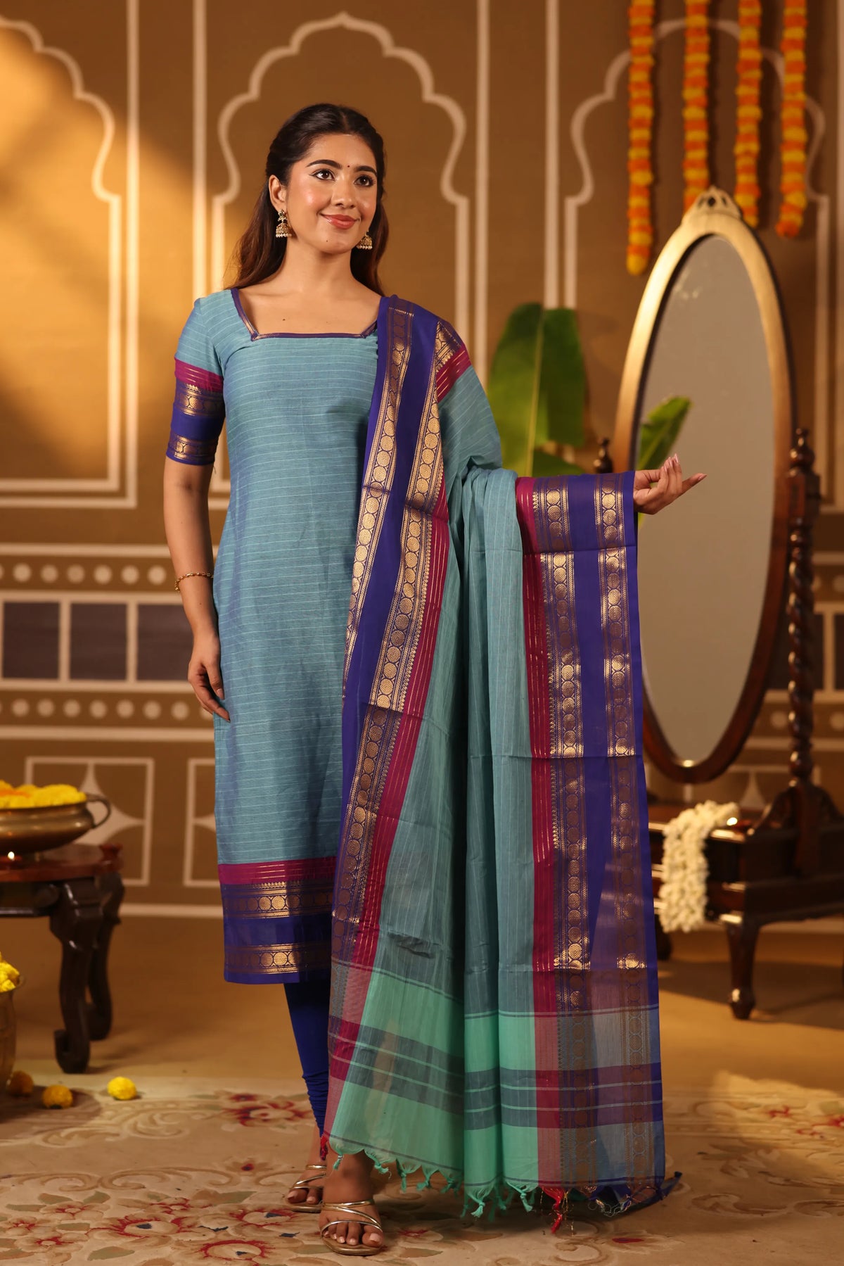 Peacock Teal Premium Cotton 2 Piece (Top and Dupatta)