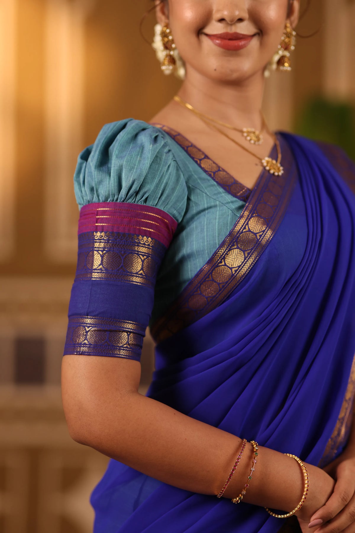 Royal Sapphire Blue Half Saree with Peacock Teal Skirt