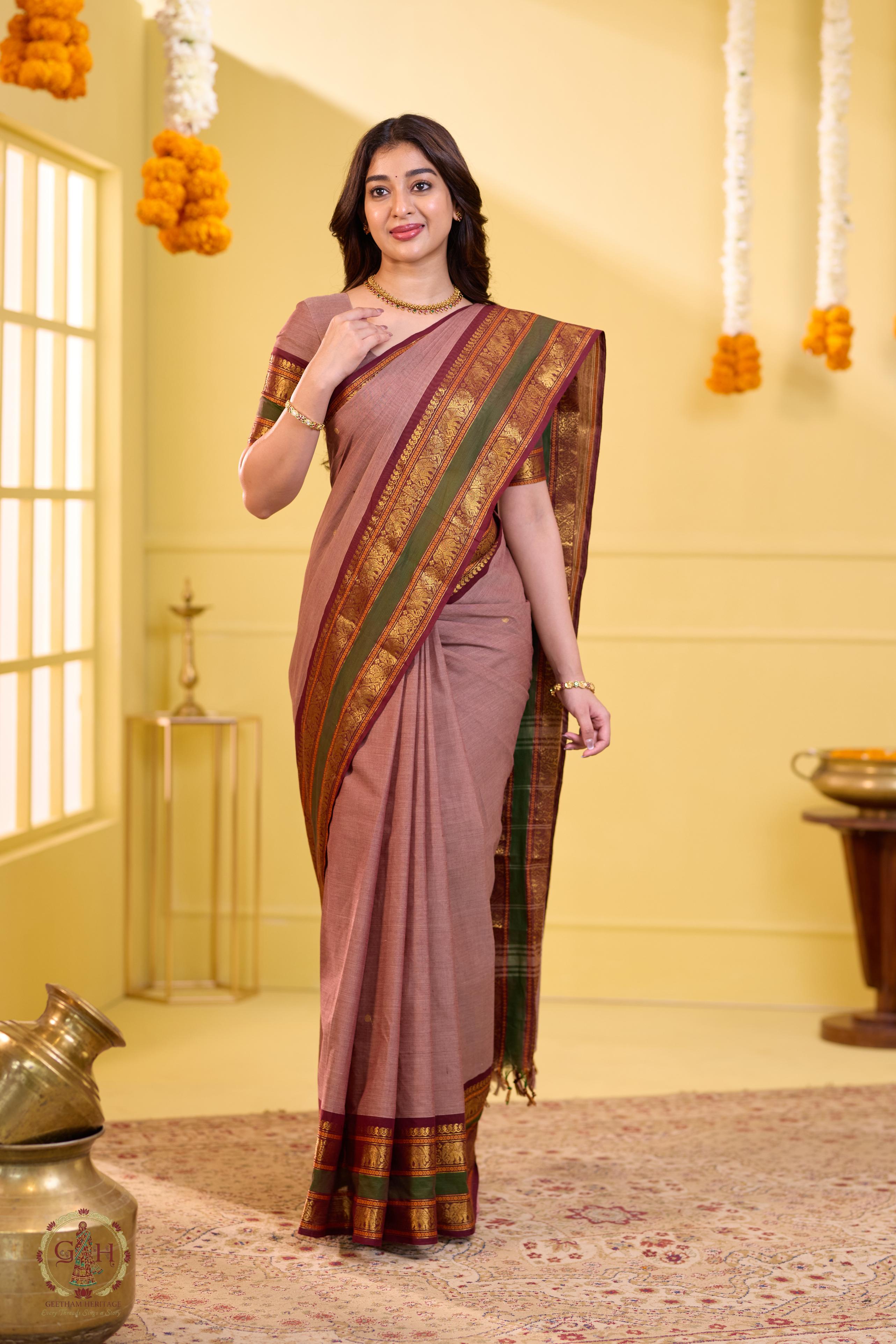 Regal Brown Handwoven Butta Kanchi Cotton