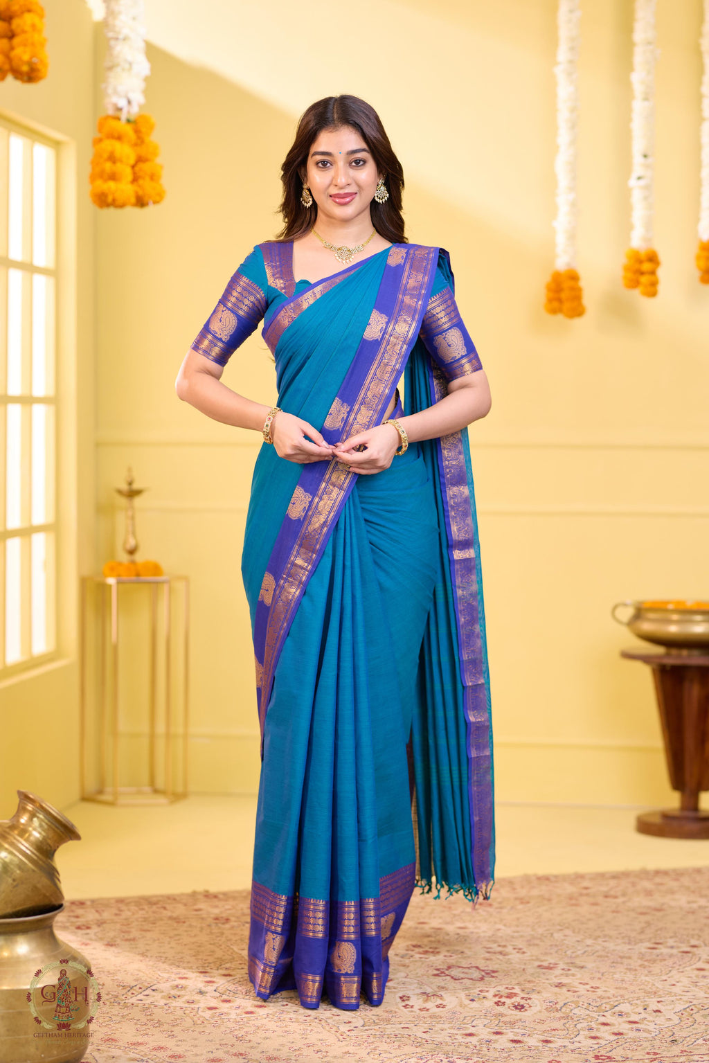 Tranquil Blue Annam Border Kanchi Cotton