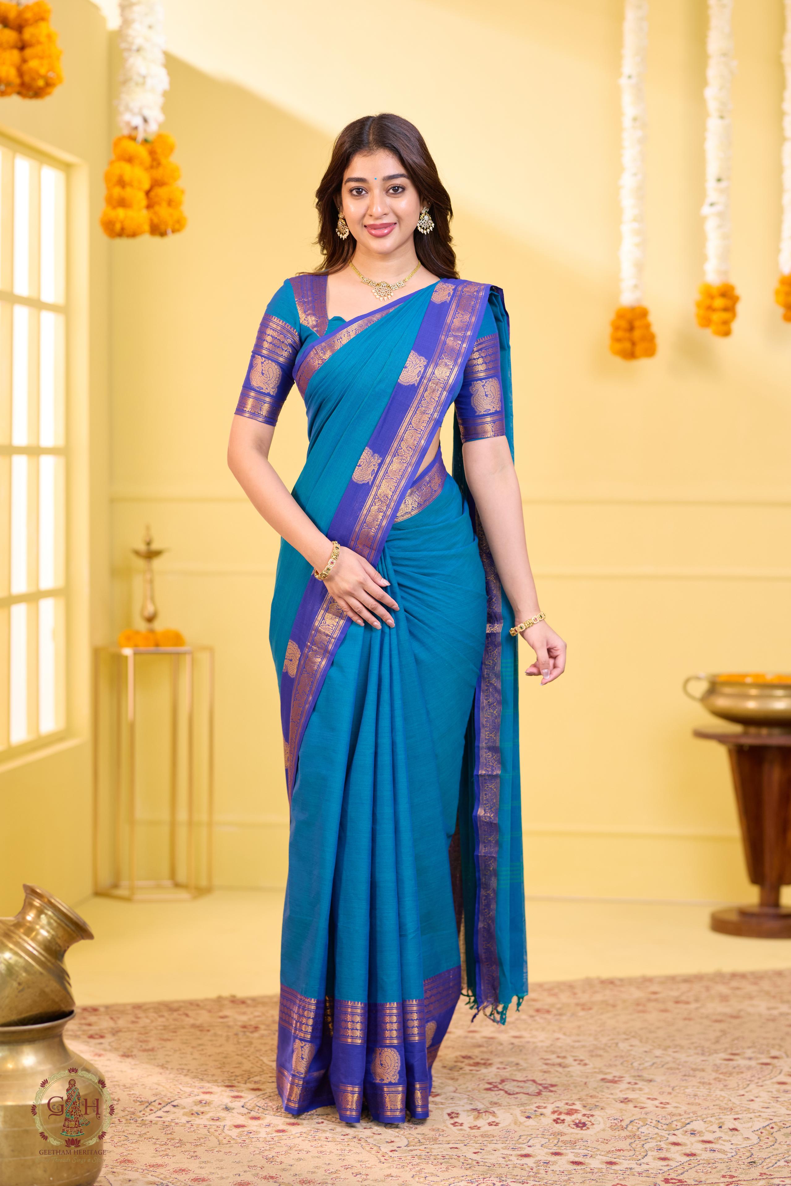 Tranquil Blue Annam Border Kanchi Cotton