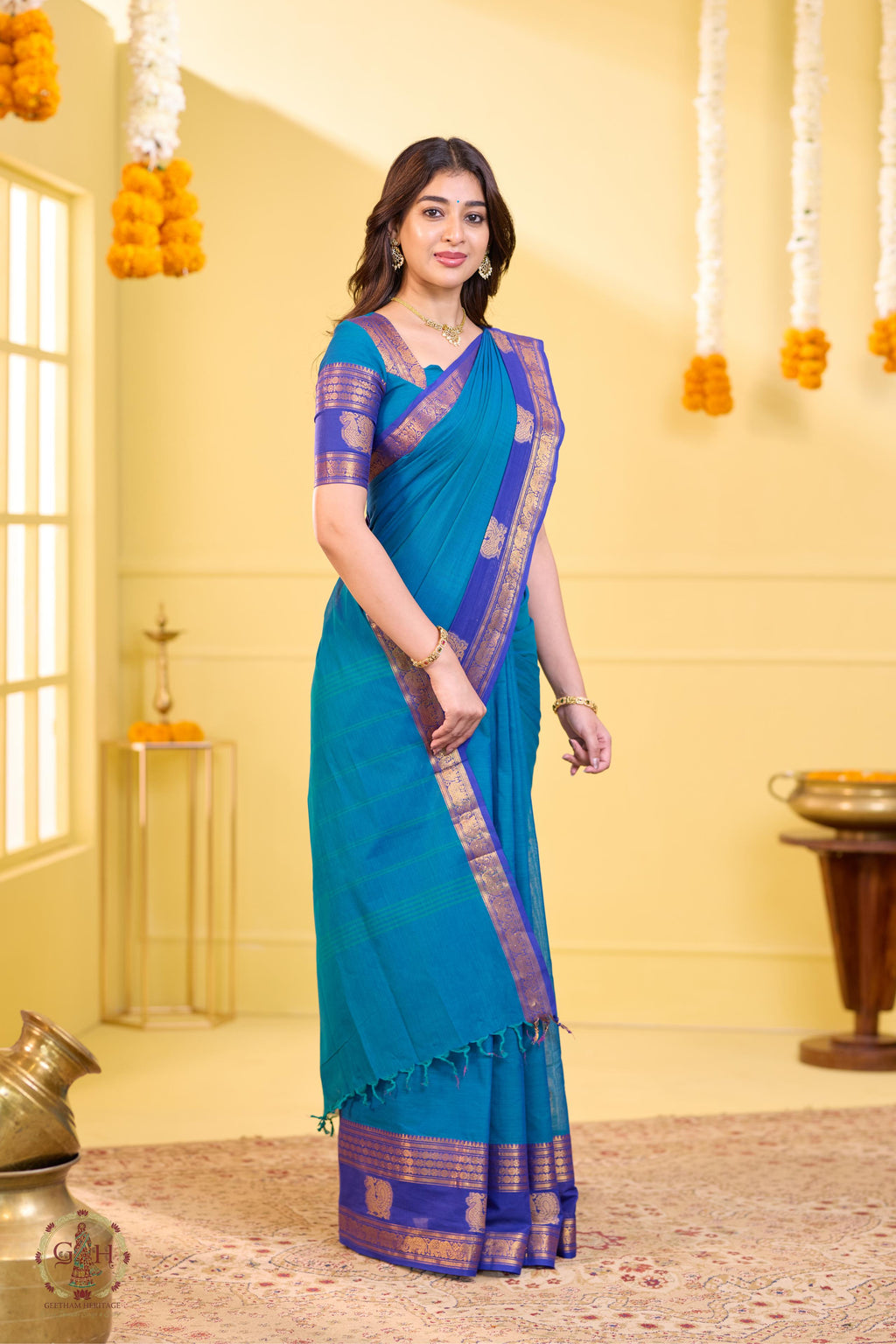Tranquil Blue Annam Border Kanchi Cotton