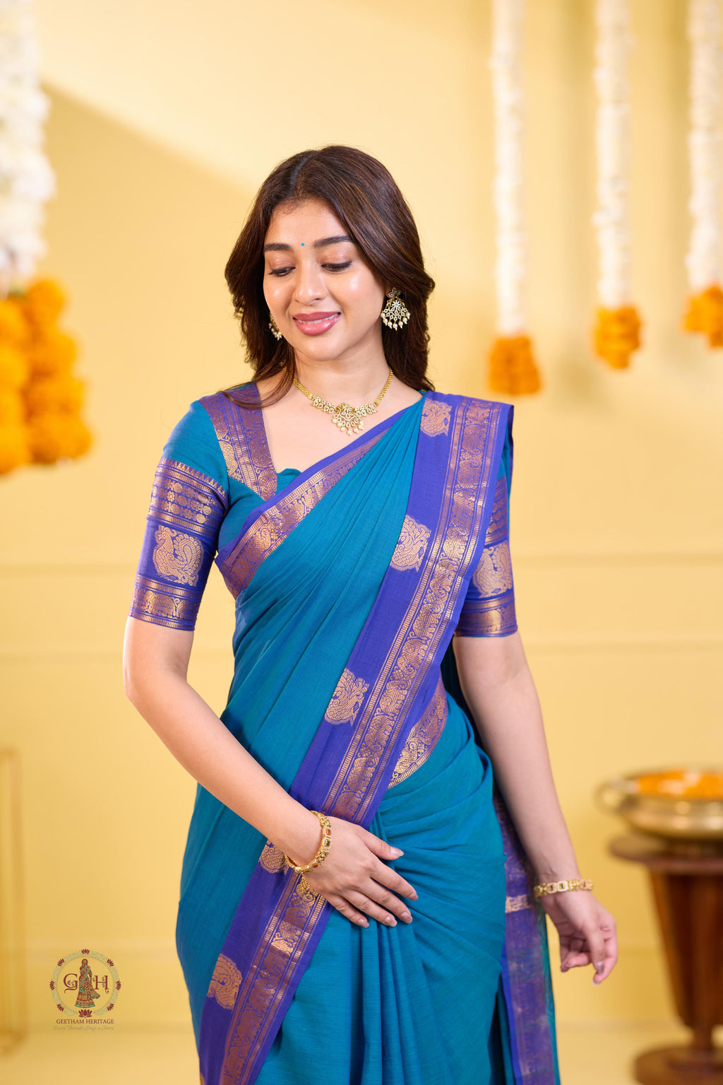 Tranquil Blue Annam Border Kanchi Cotton