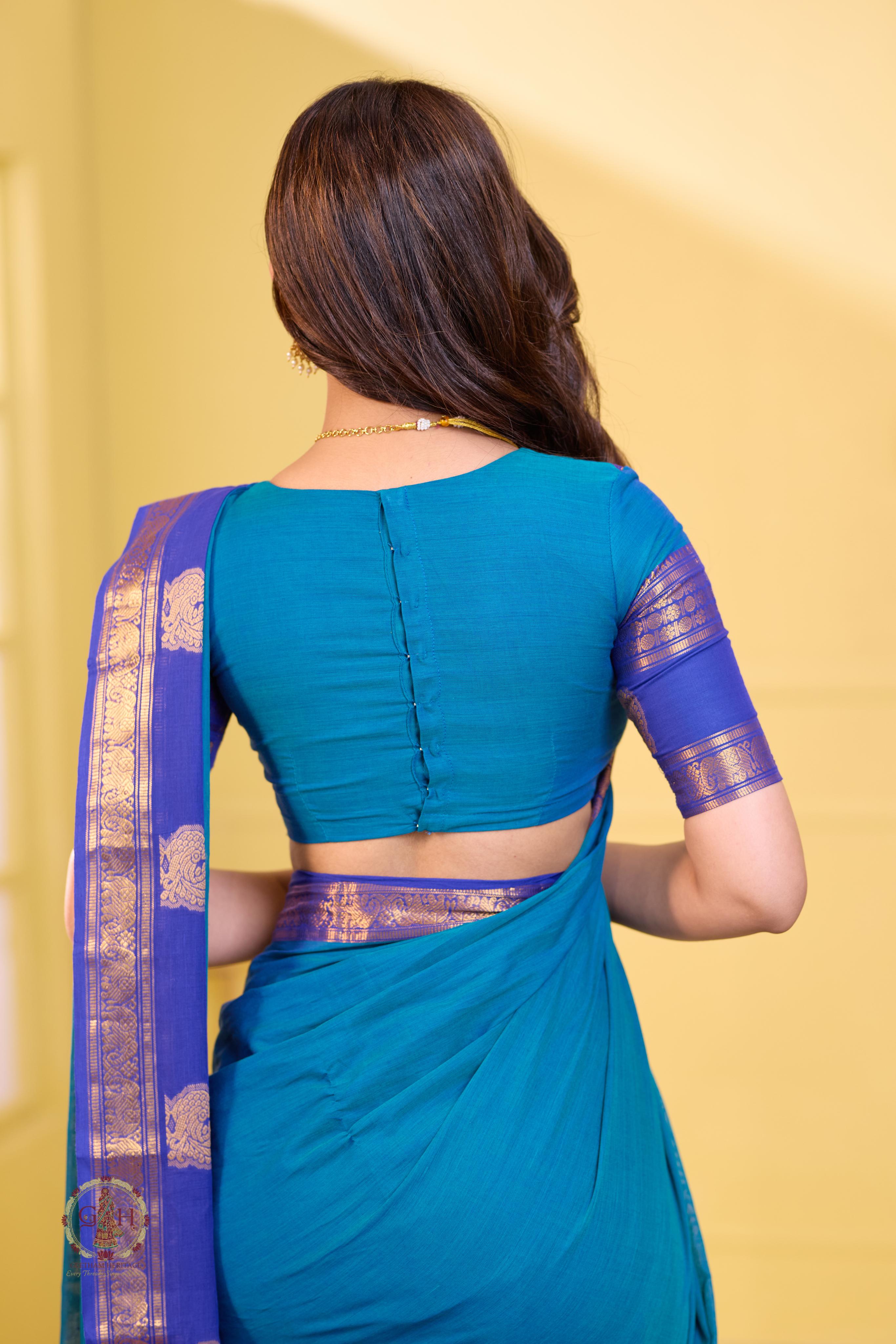 Tranquil Blue Annam Border Kanchi Cotton