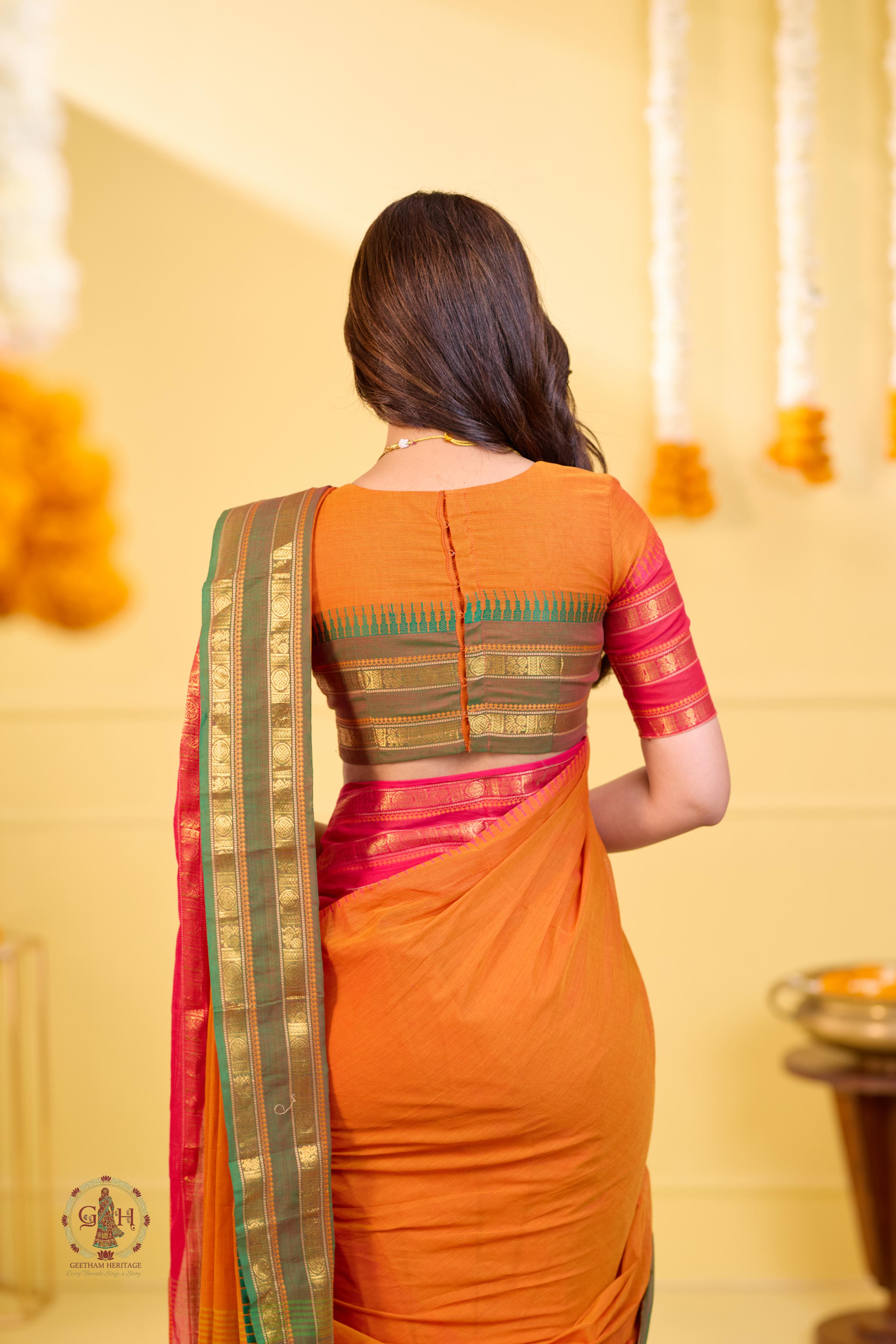 Vibrant Orange Ganga Jamuna Triple Border Kanchi Cotton