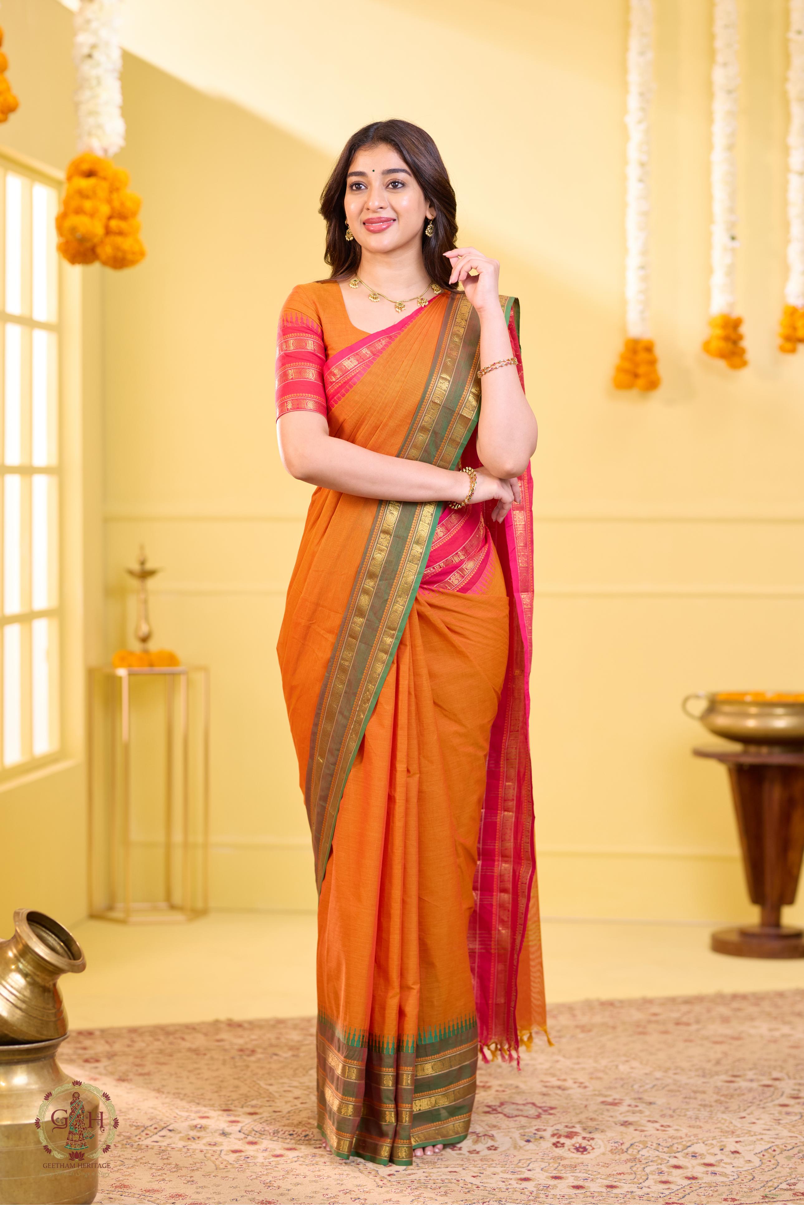 Vibrant Orange Ganga Jamuna Triple Border Kanchi Cotton