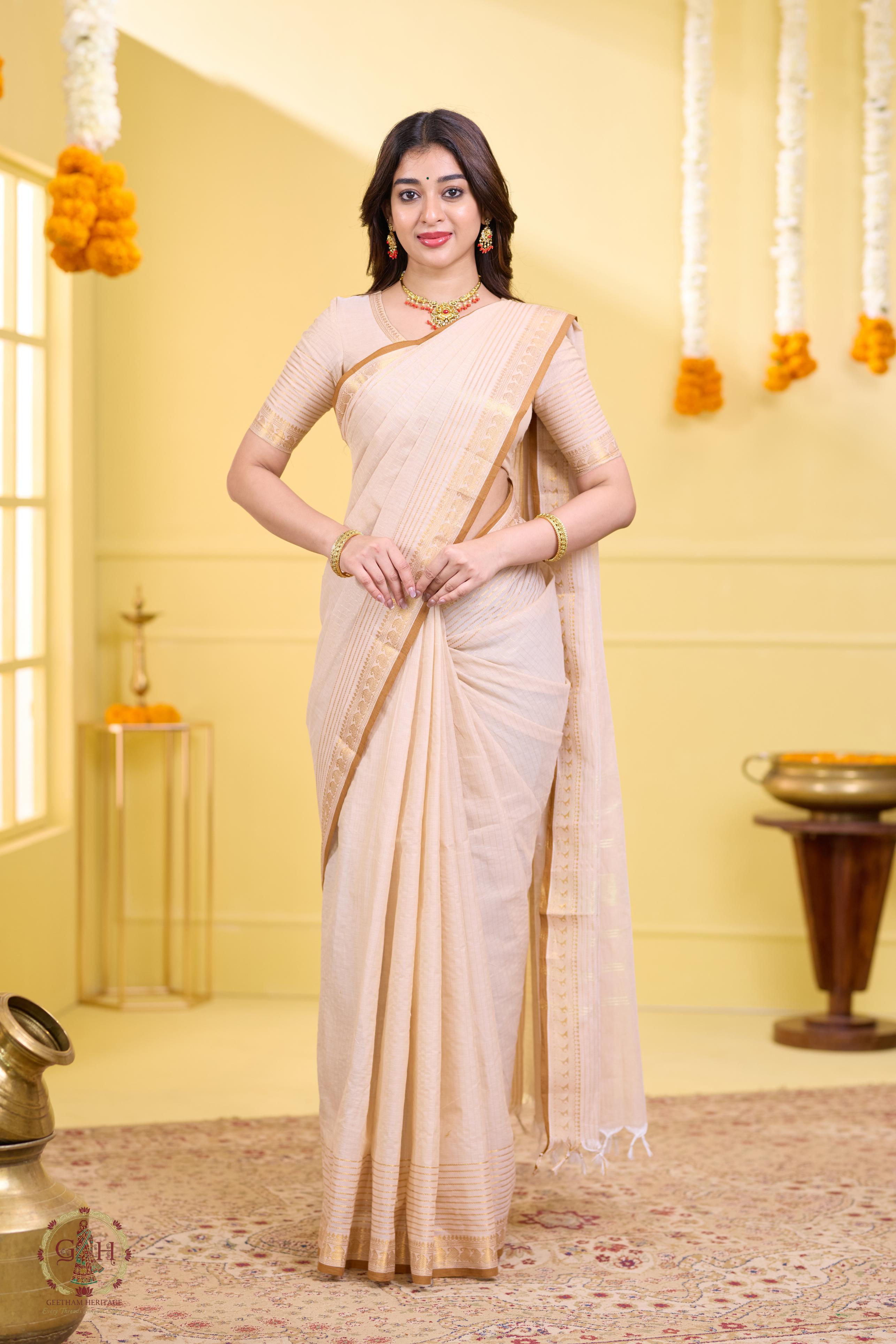 Prime Sandal White Mustard Mango Jari Kanchi Cotton