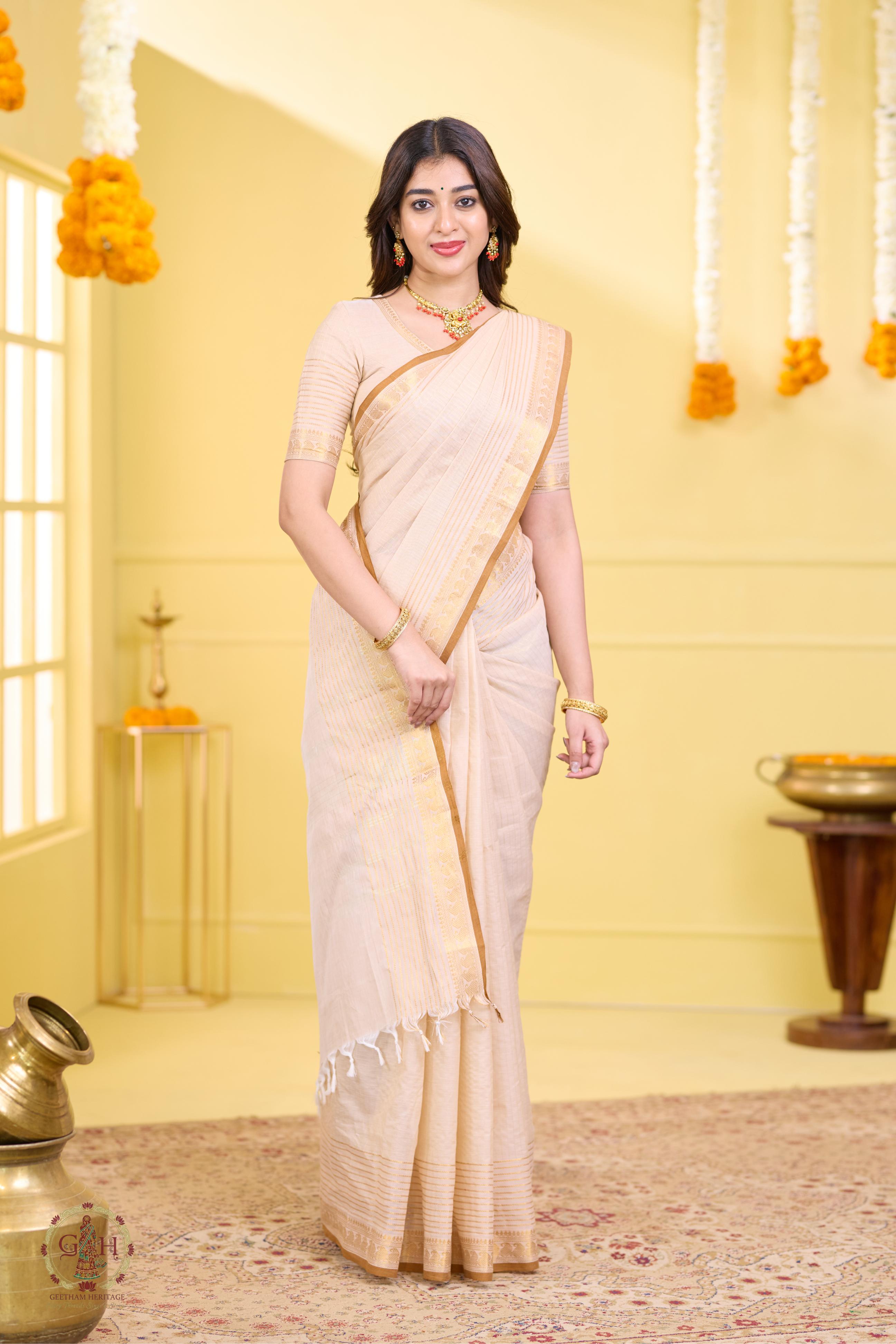 Prime Sandal White Mustard Mango Jari Kanchi Cotton