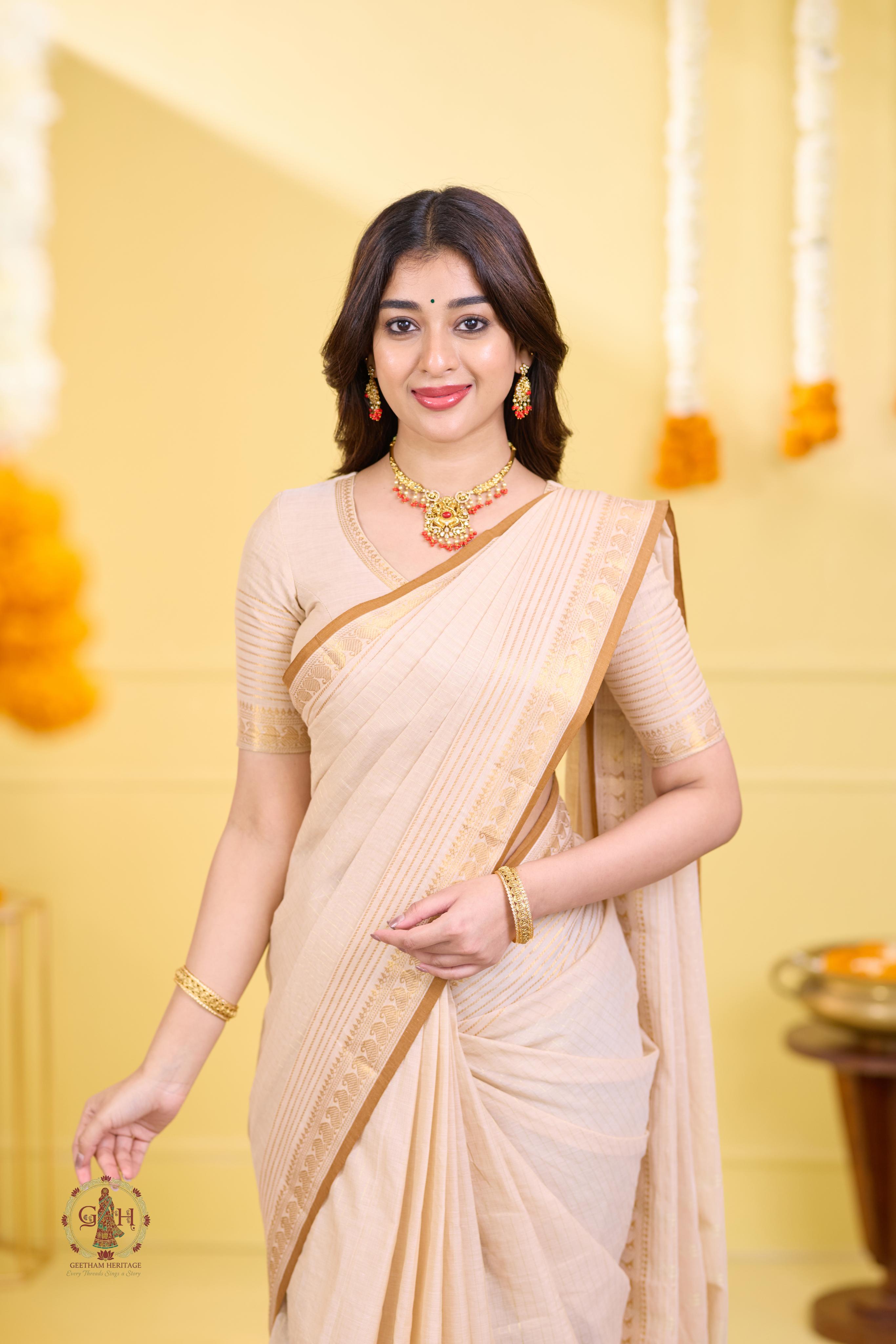 Prime Sandal White Mustard Mango Jari Kanchi Cotton