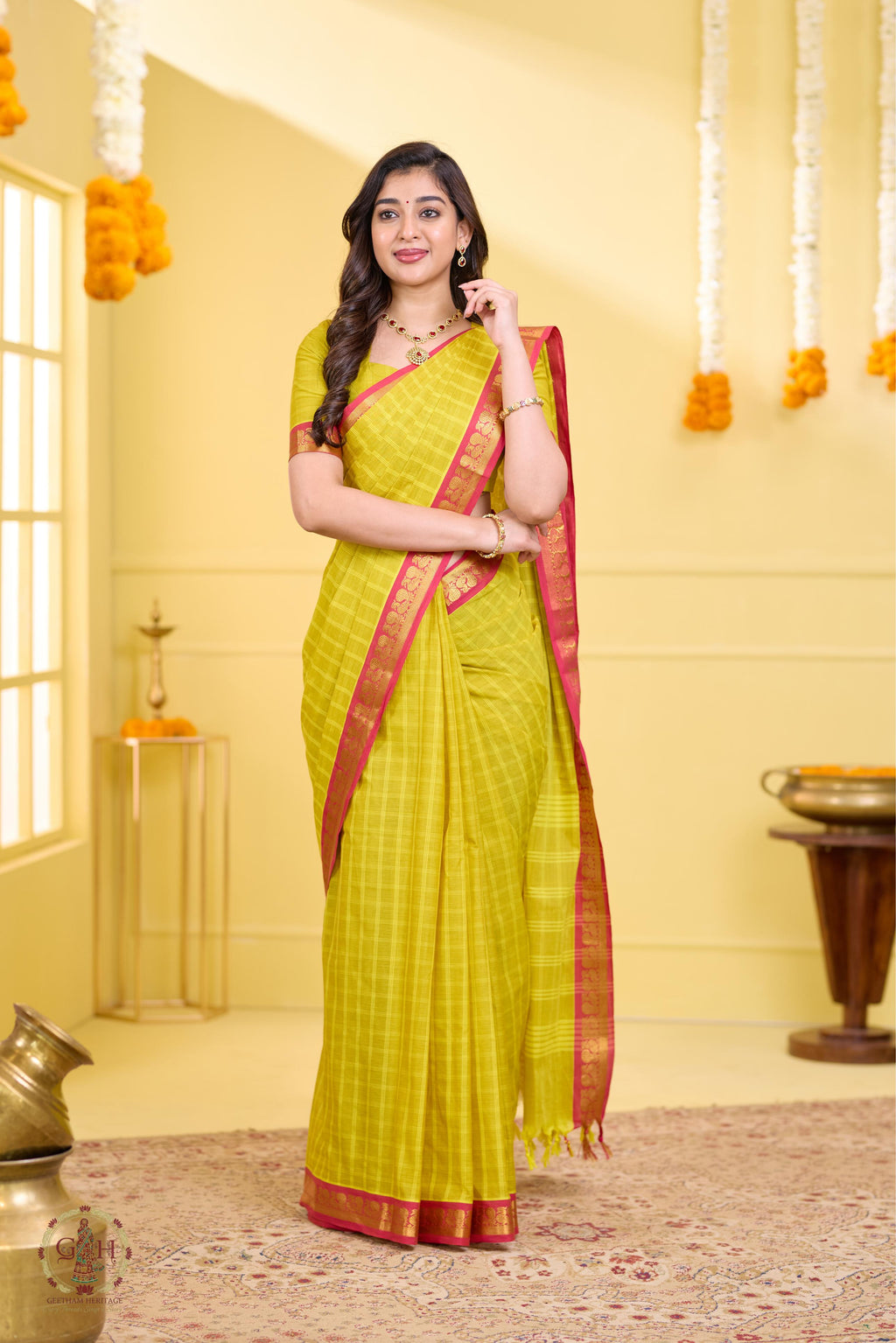 Radiant Yellow Checked Annam Border Kanchi Cotton
