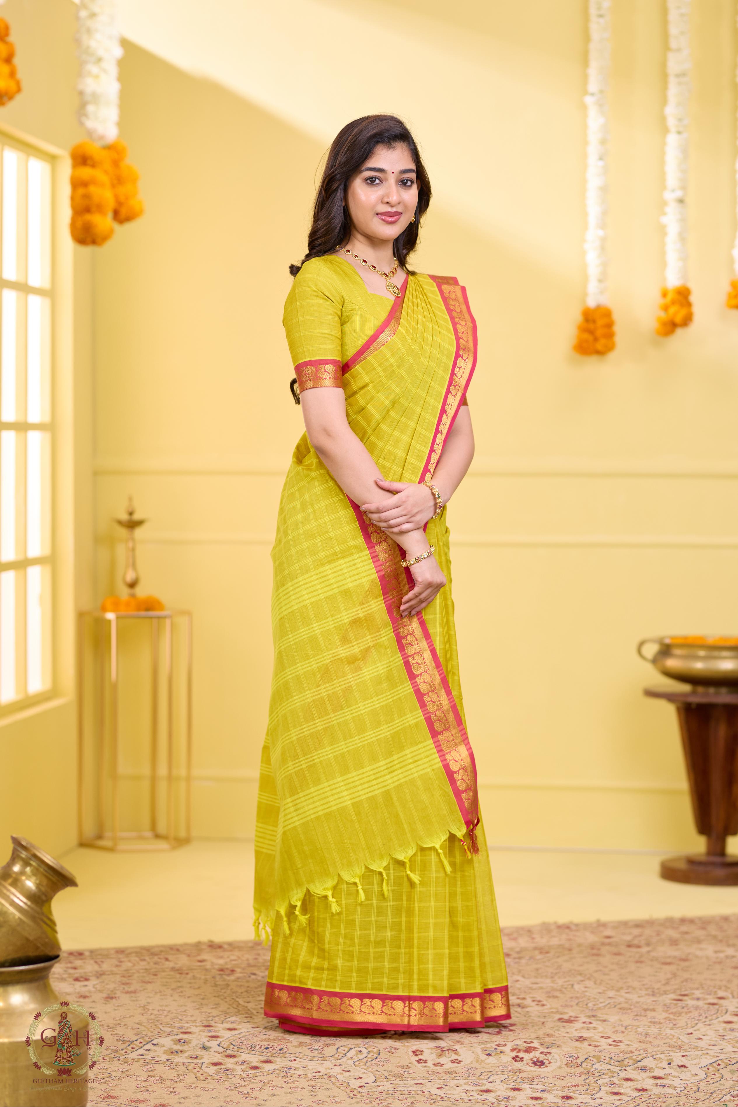 Radiant Yellow Checked Annam Border Kanchi Cotton