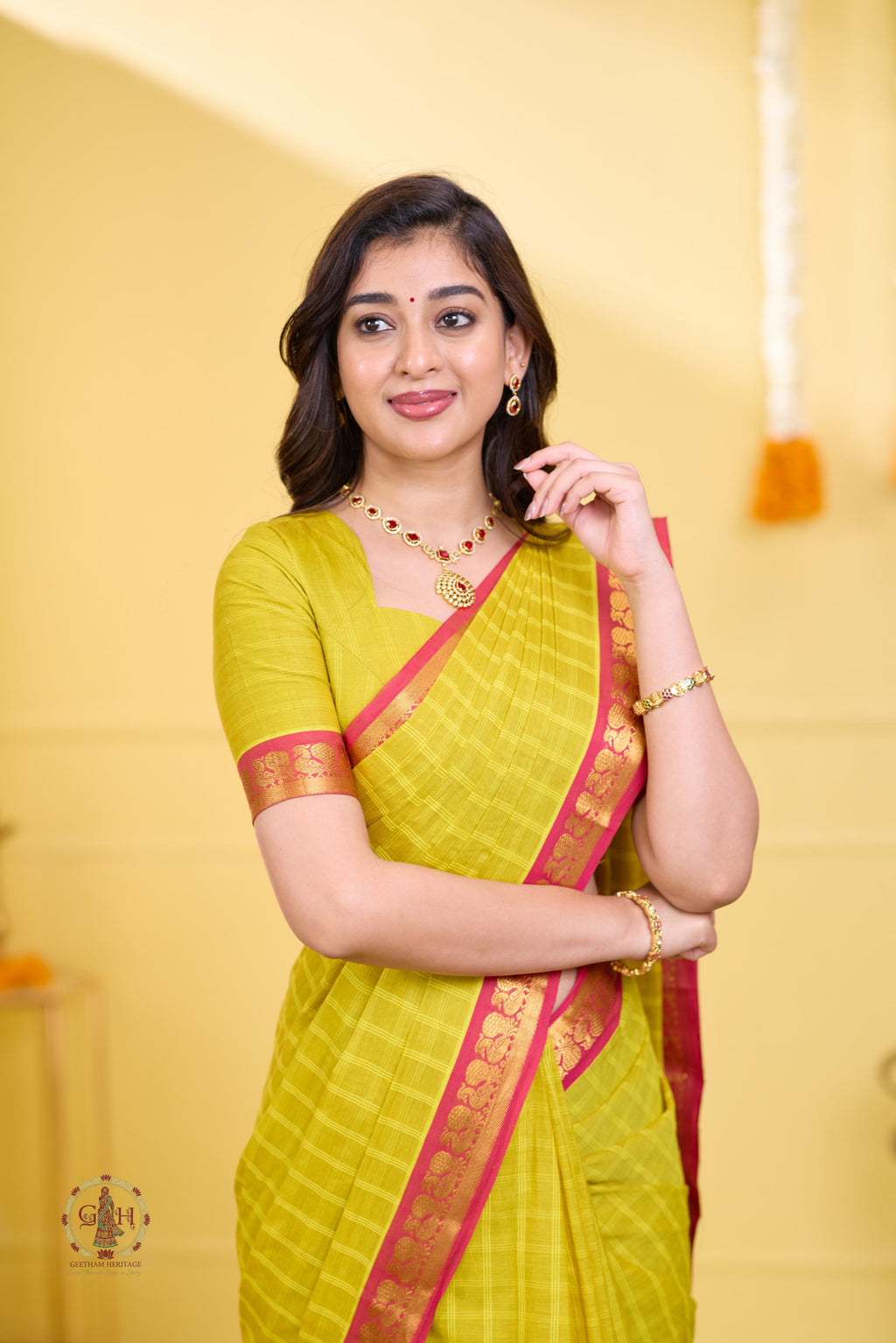 Radiant Yellow Checked Annam Border Kanchi Cotton