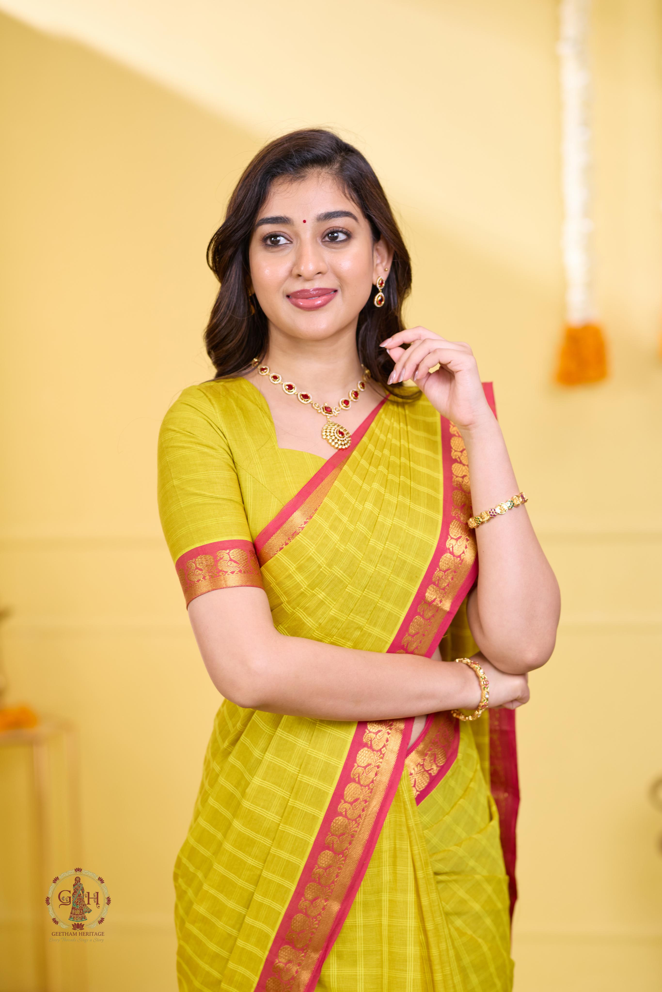 Radiant Yellow Checked Annam Border Kanchi Cotton