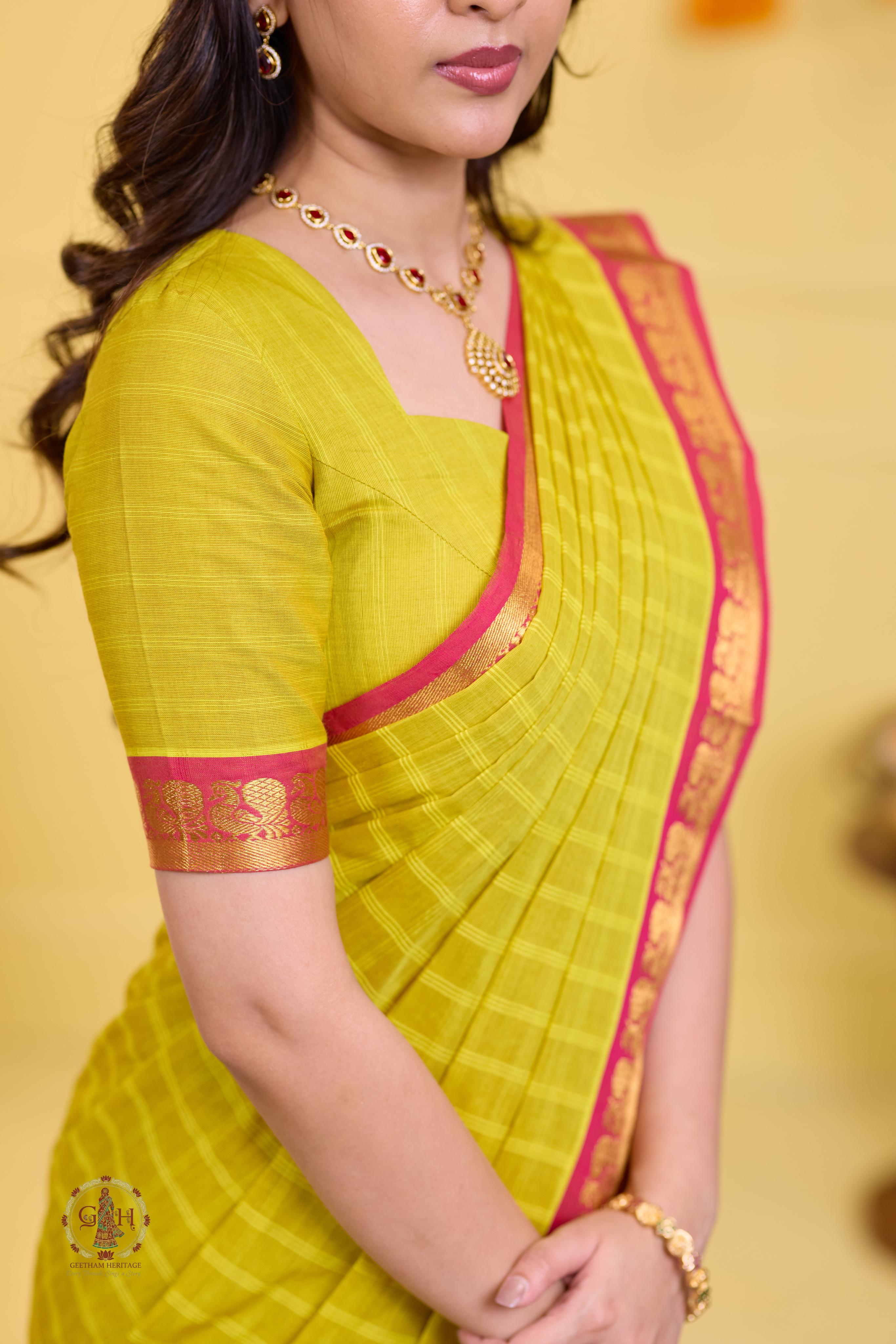 Radiant Yellow Checked Annam Border Kanchi Cotton