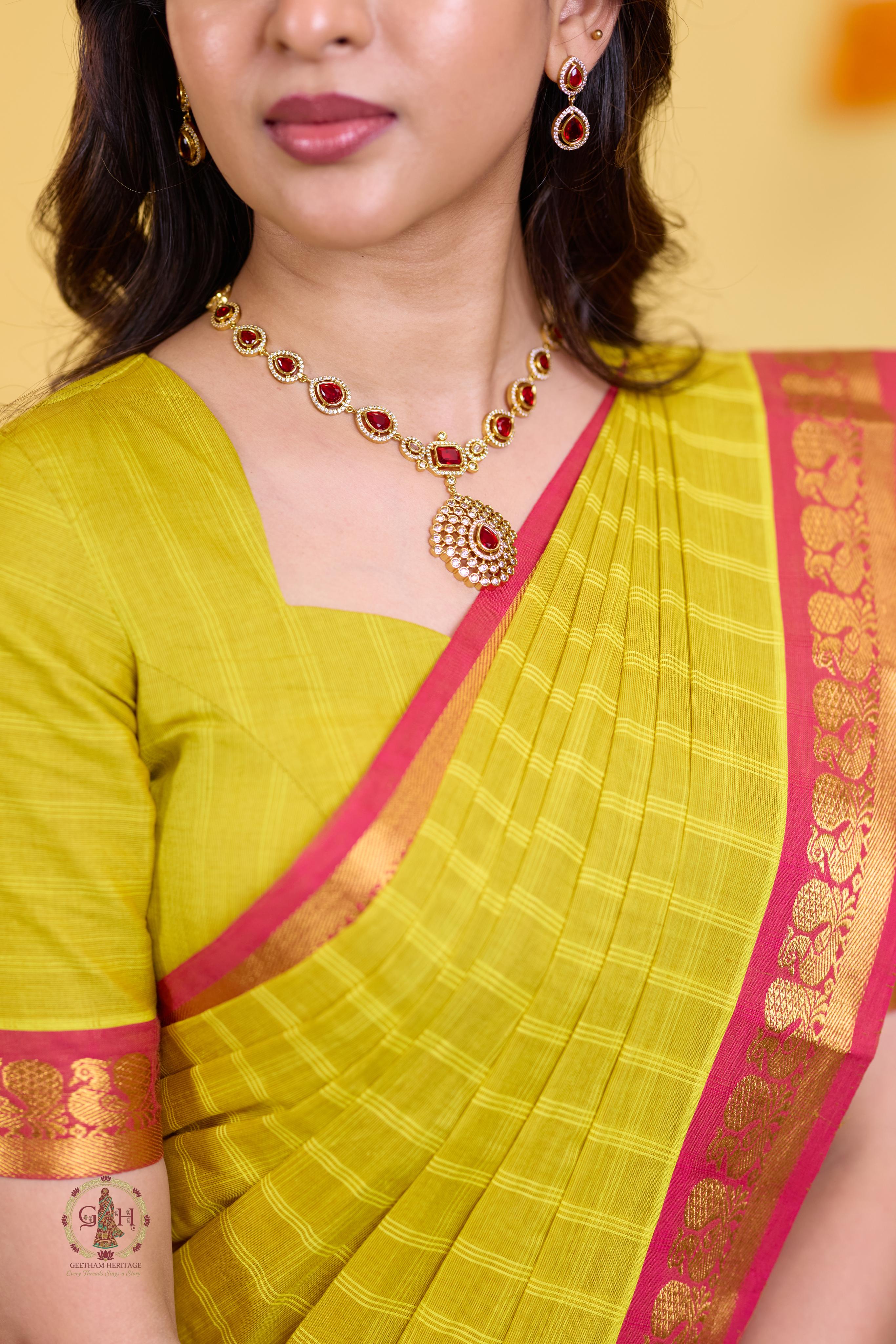 Radiant Yellow Checked Annam Border Kanchi Cotton