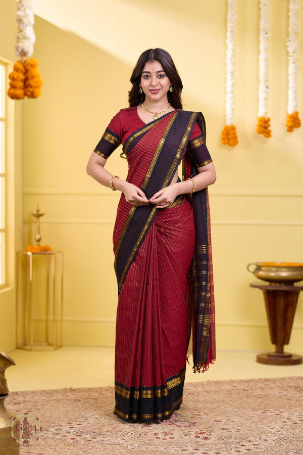 Classic Maroon Black Jari Lines Kanchi Cotton