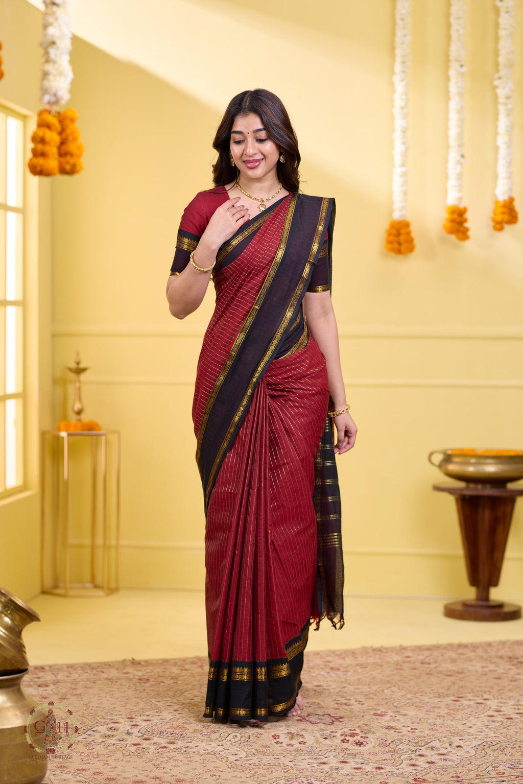 Classic Maroon Black Jari Lines Kanchi Cotton