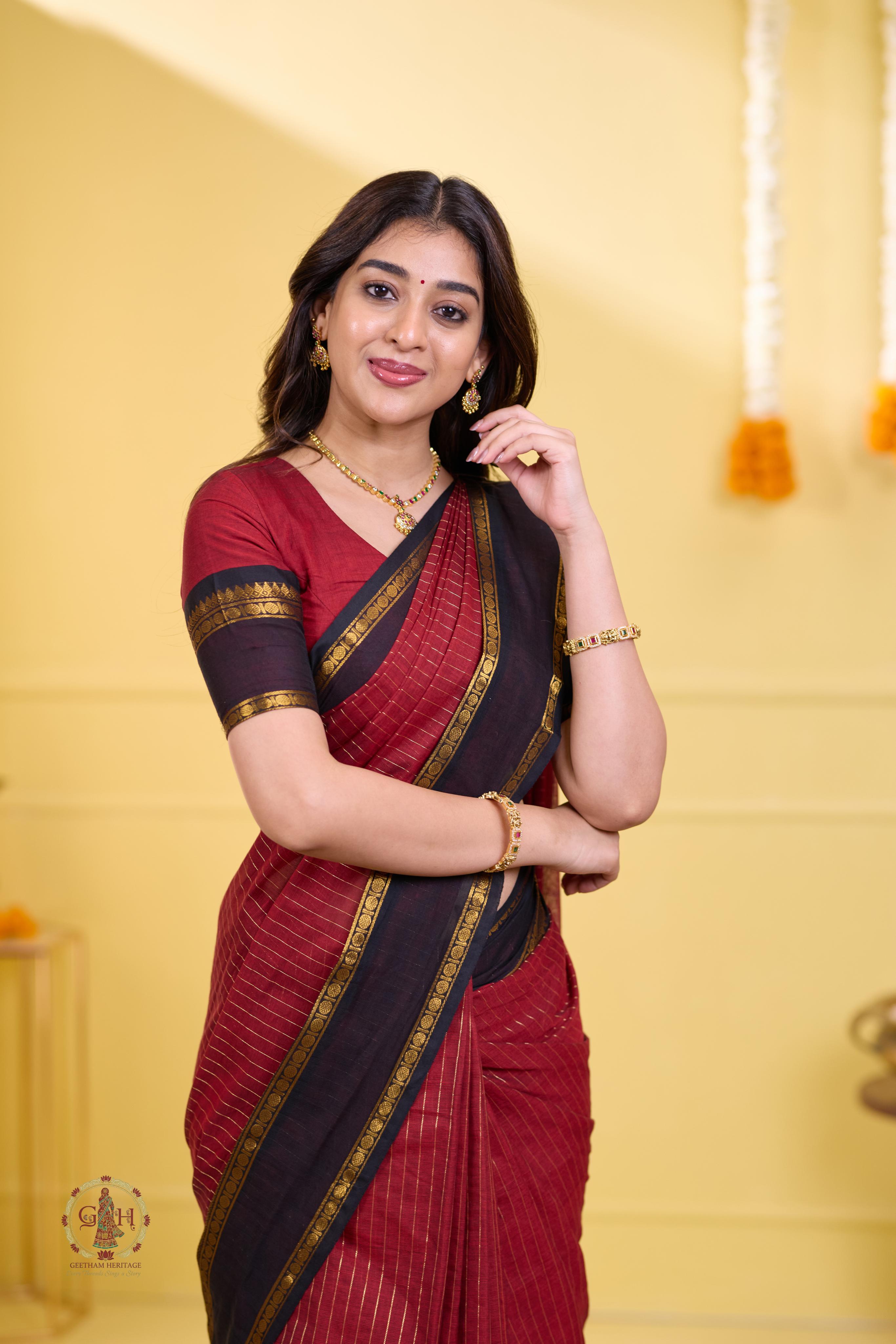 Classic Maroon Black Jari Lines Kanchi Cotton