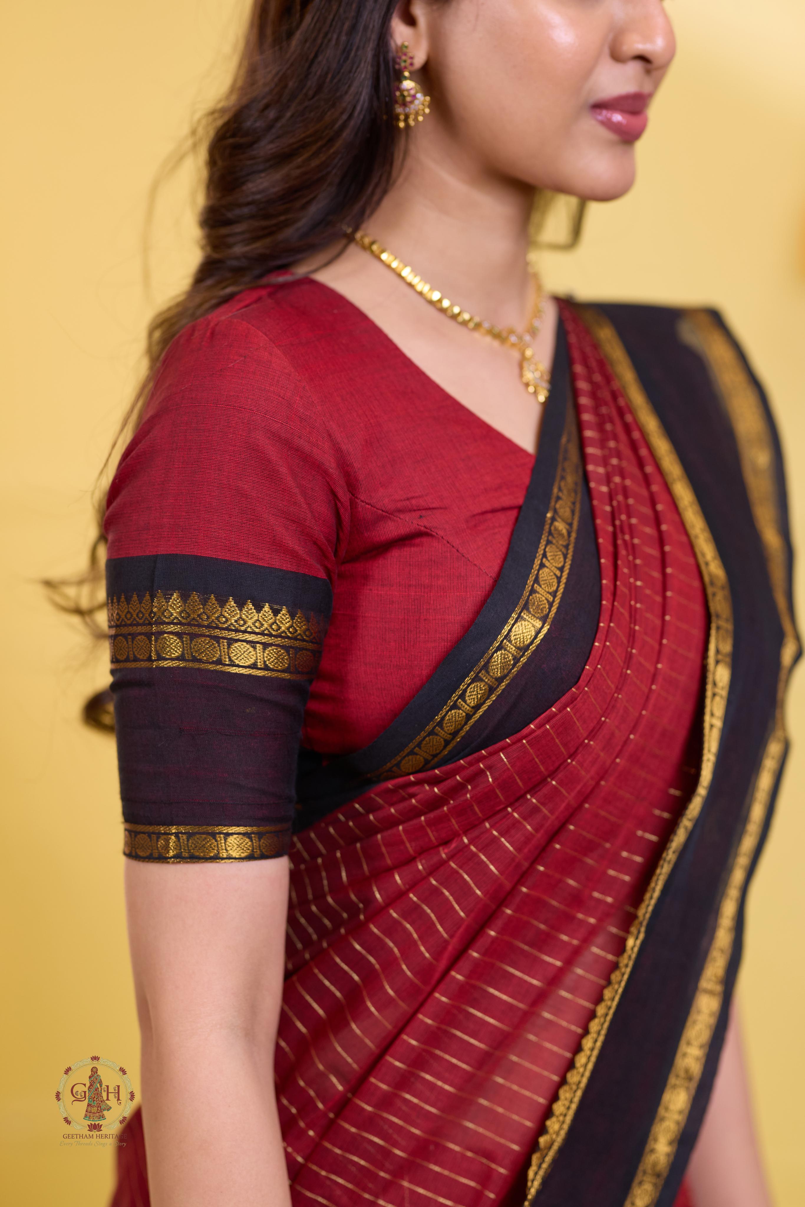 Classic Maroon Black Jari Lines Kanchi Cotton