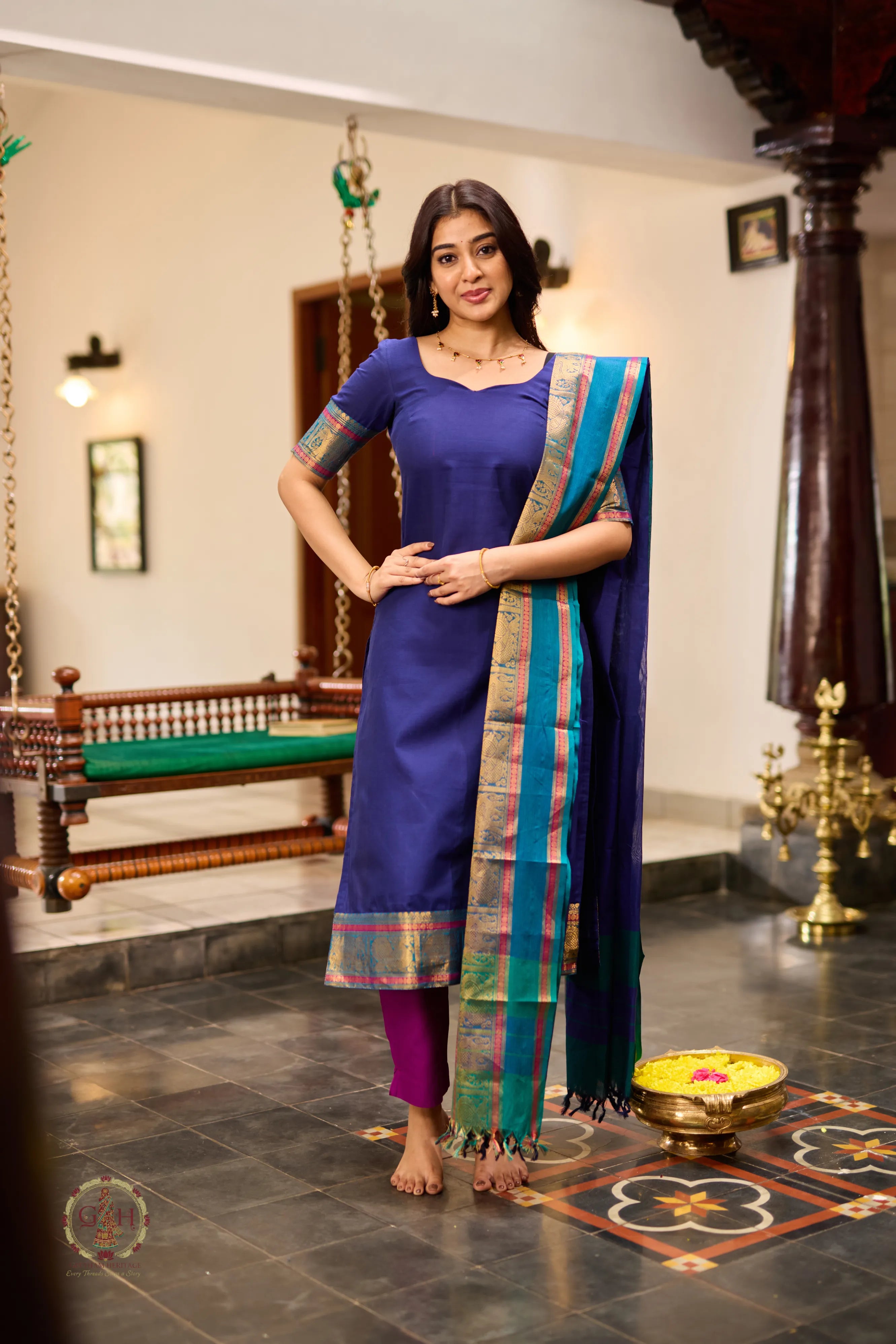 Navy Blue Premium Cotton 2 Piece (Top & Dupatta)