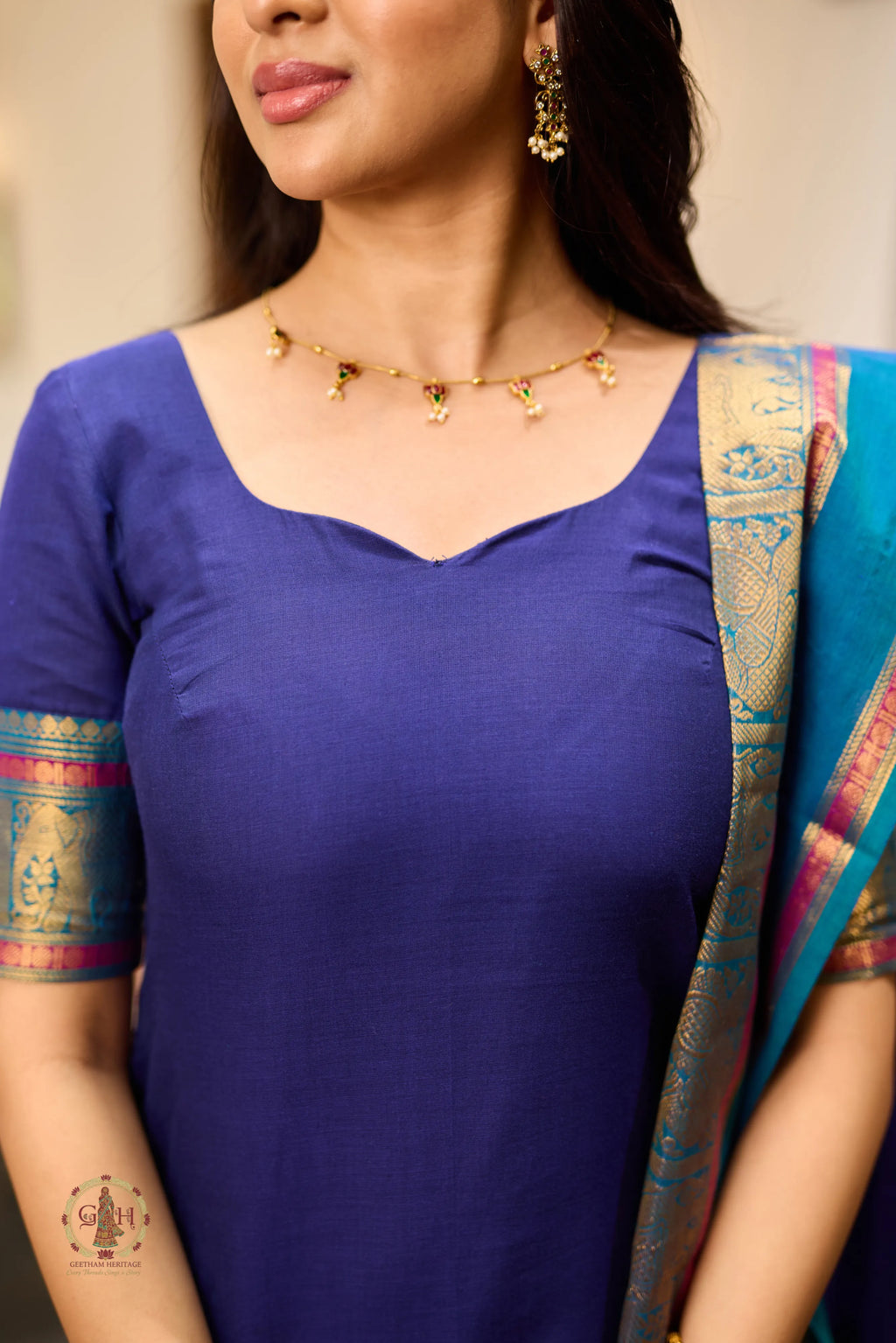 Navy Blue Premium Cotton 2 Piece (Top & Dupatta)
