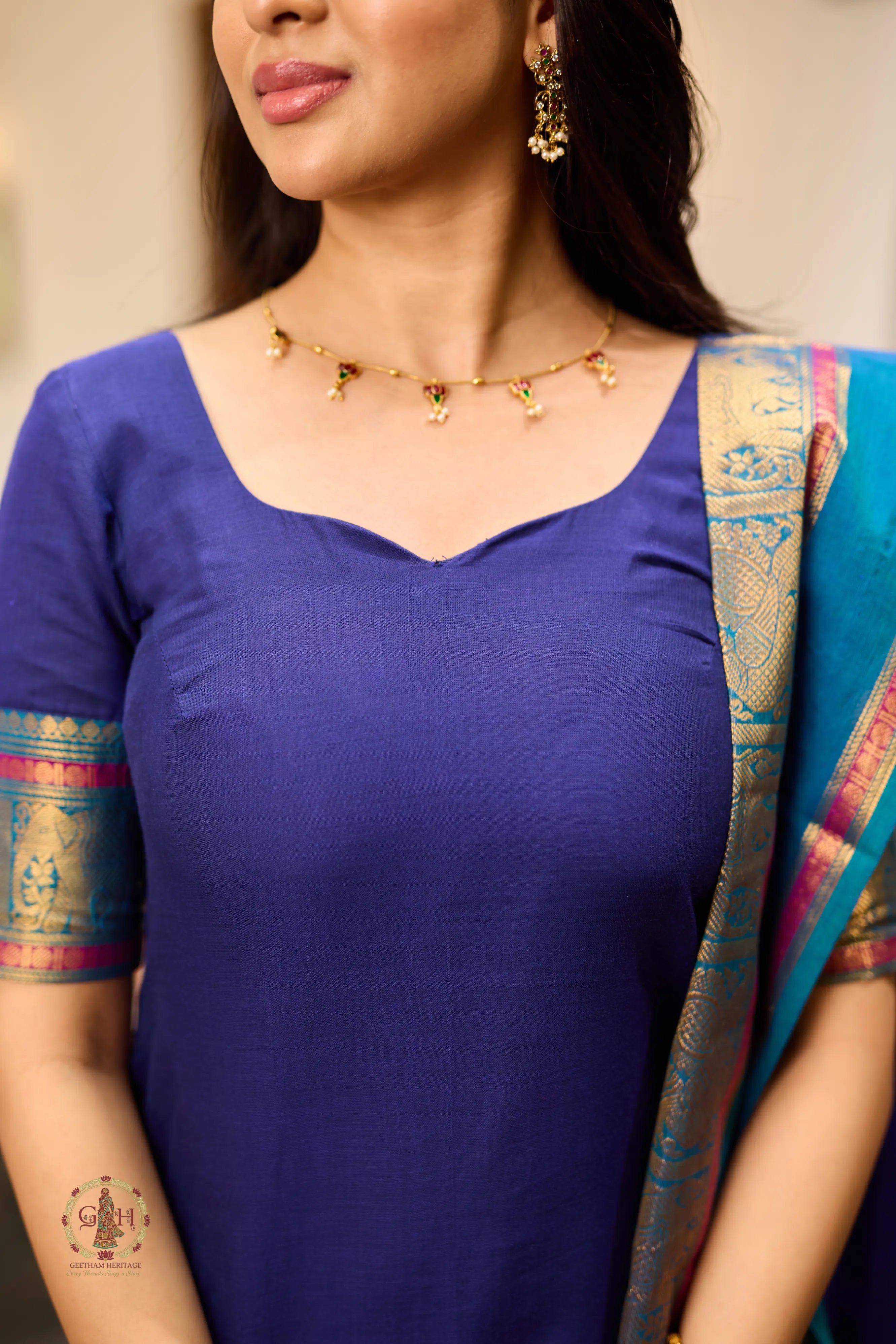 Navy Blue Premium Cotton 2 Piece (Top & Dupatta)