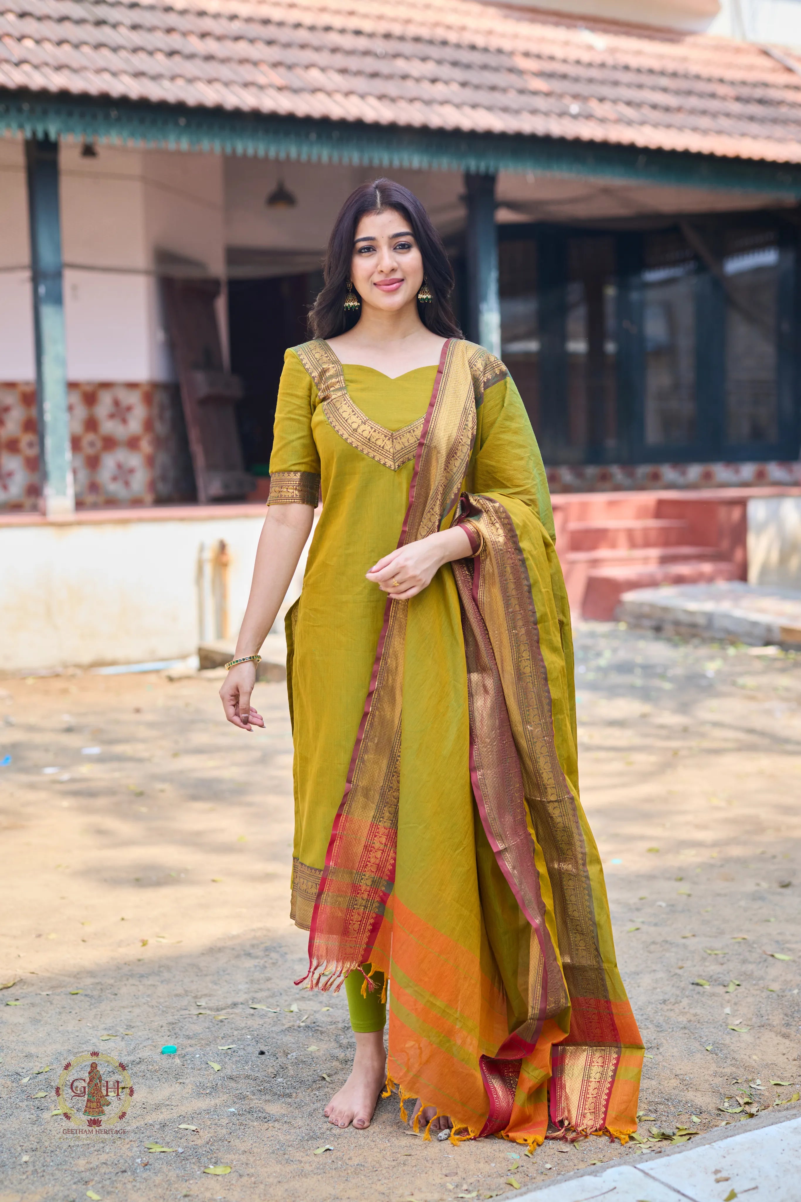 Parrot Green Premium Cotton 2 Piece (Top and Dupatta)