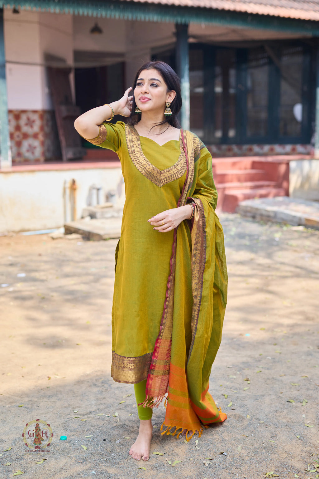 Parrot Green Premium Cotton 2 Piece (Top and Dupatta)