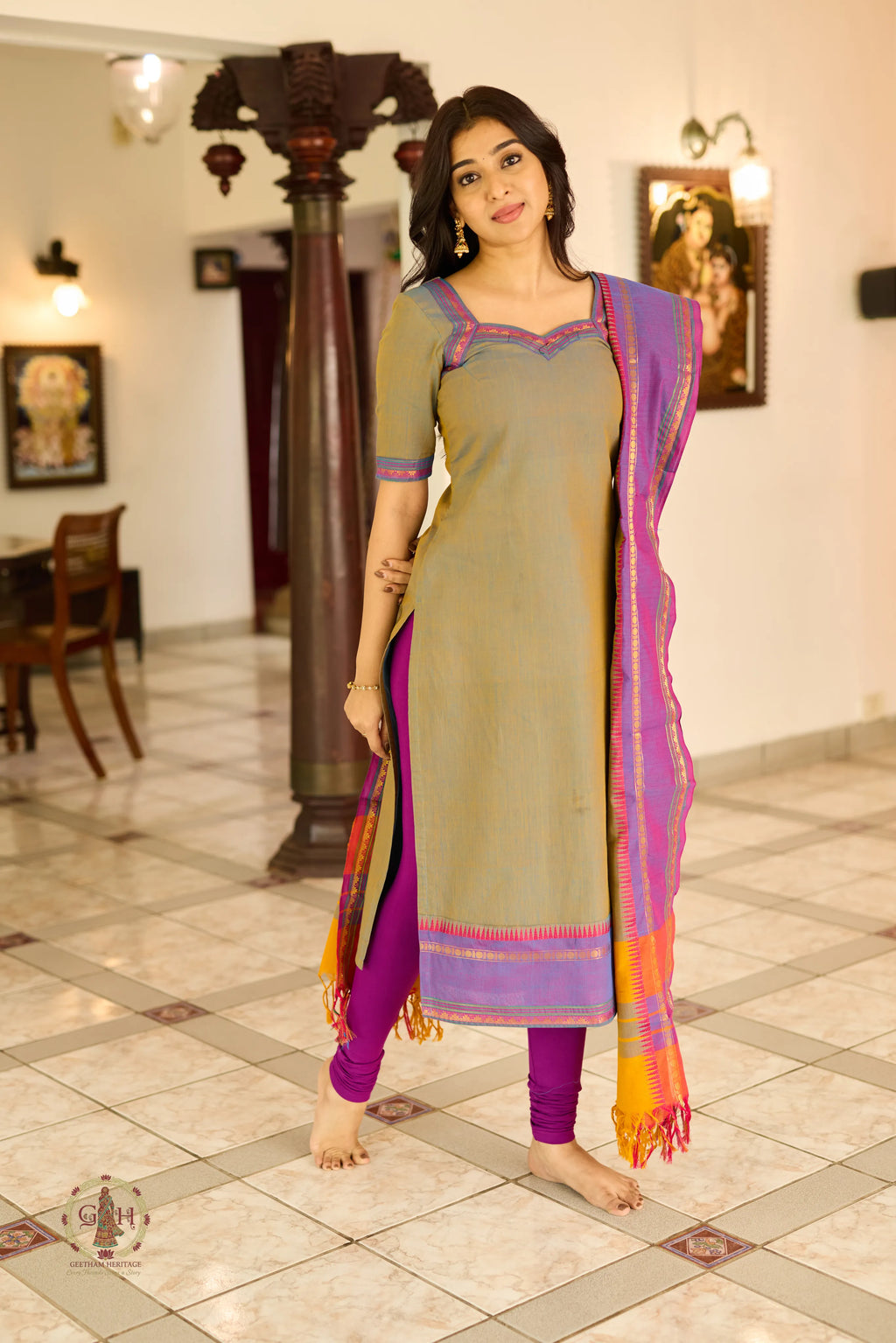 Olive Green Premium Cotton 2 Piece (Top and Dupatta)