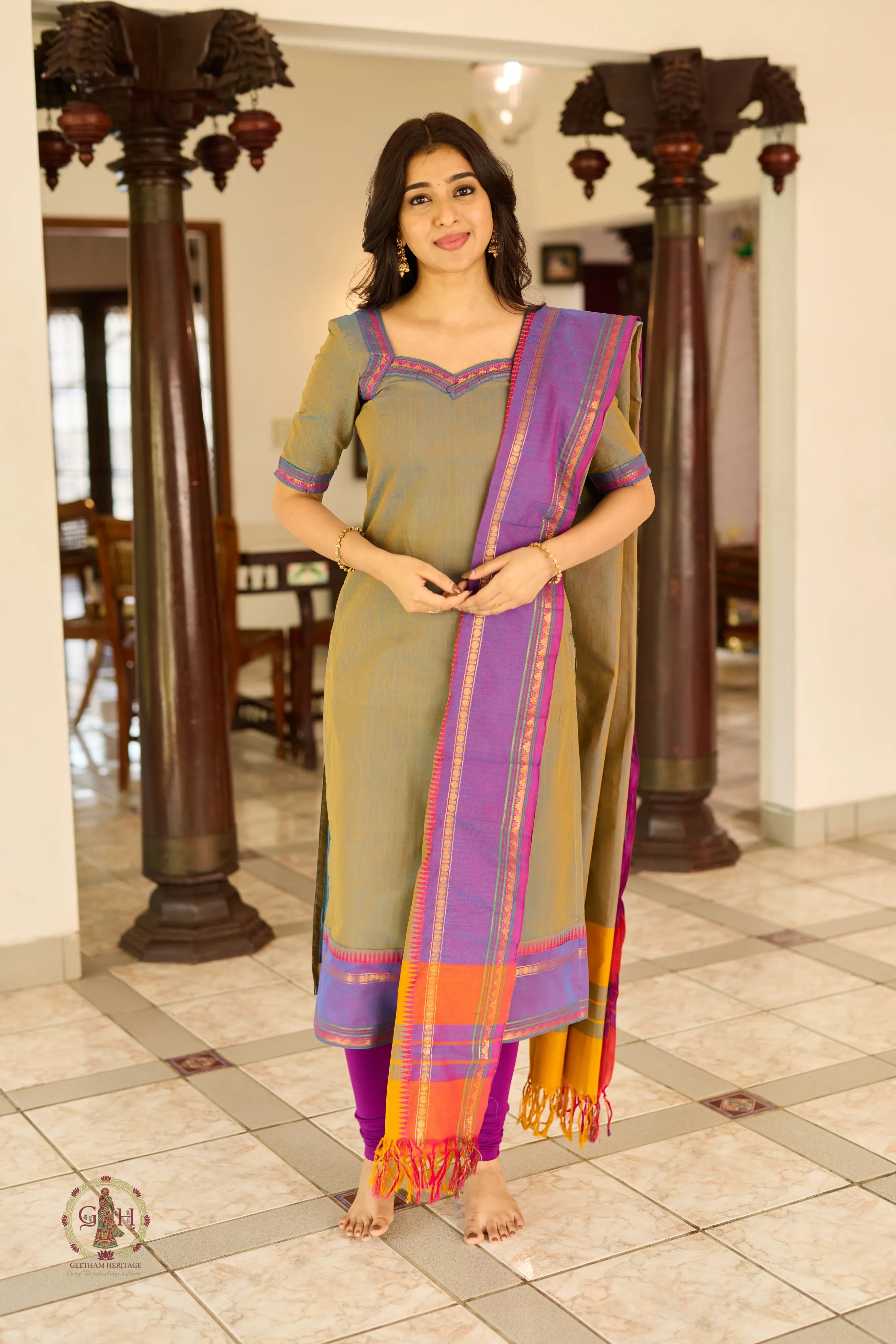Olive Green Premium Cotton 2 Piece (Top and Dupatta)