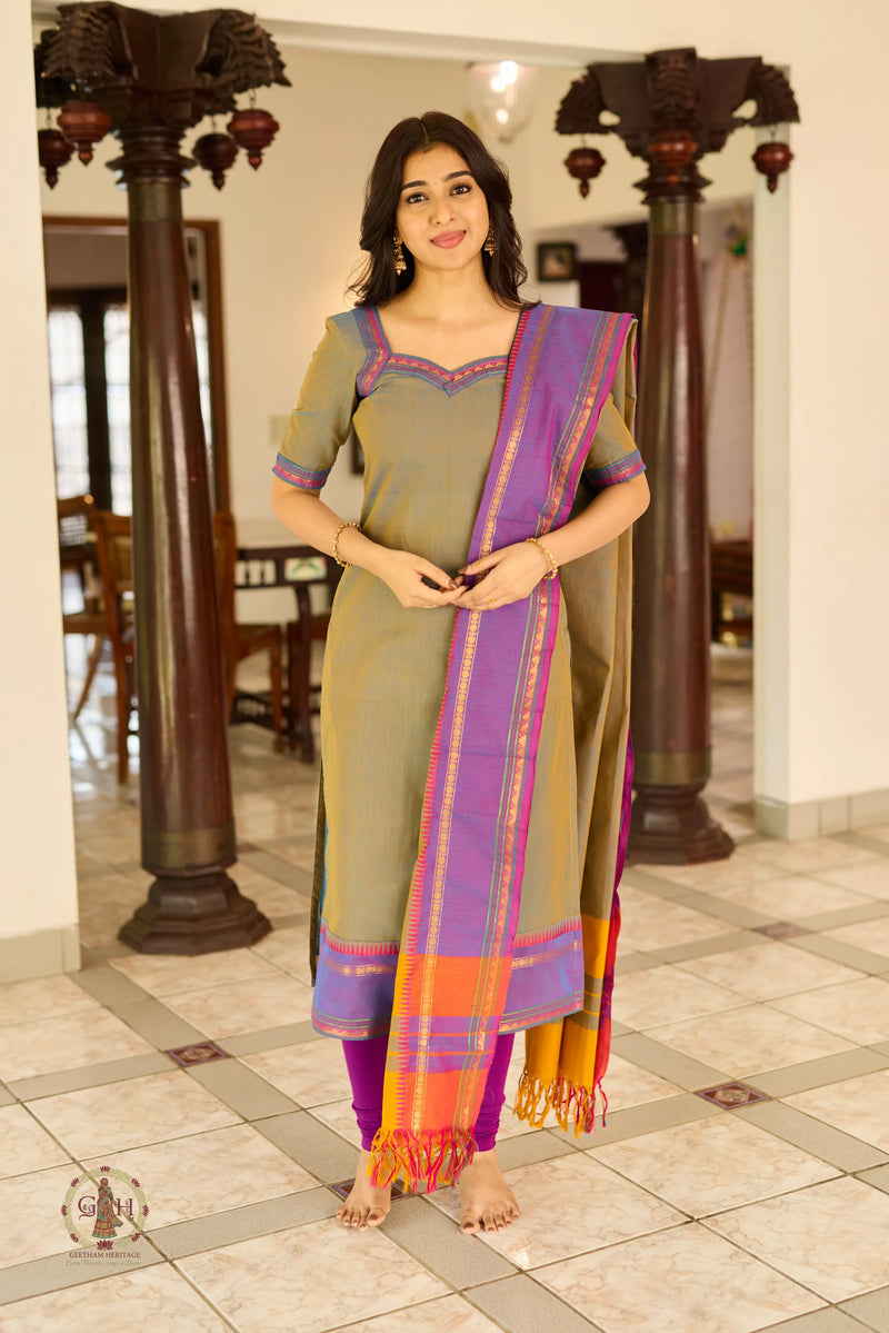 Olive Green Premium Cotton 2 Piece (Top and Dupatta)