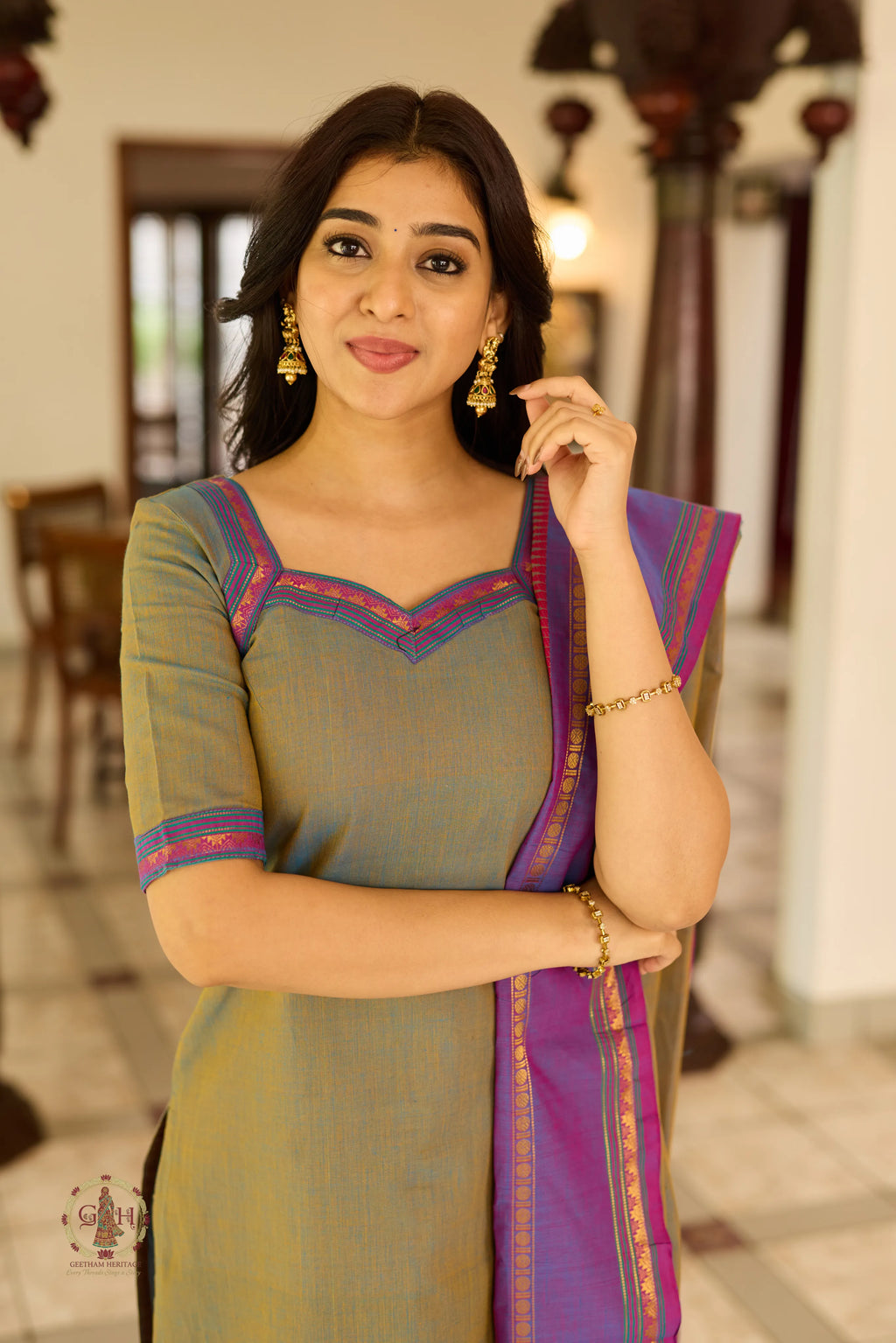 Olive Green Premium Cotton 2 Piece (Top and Dupatta)