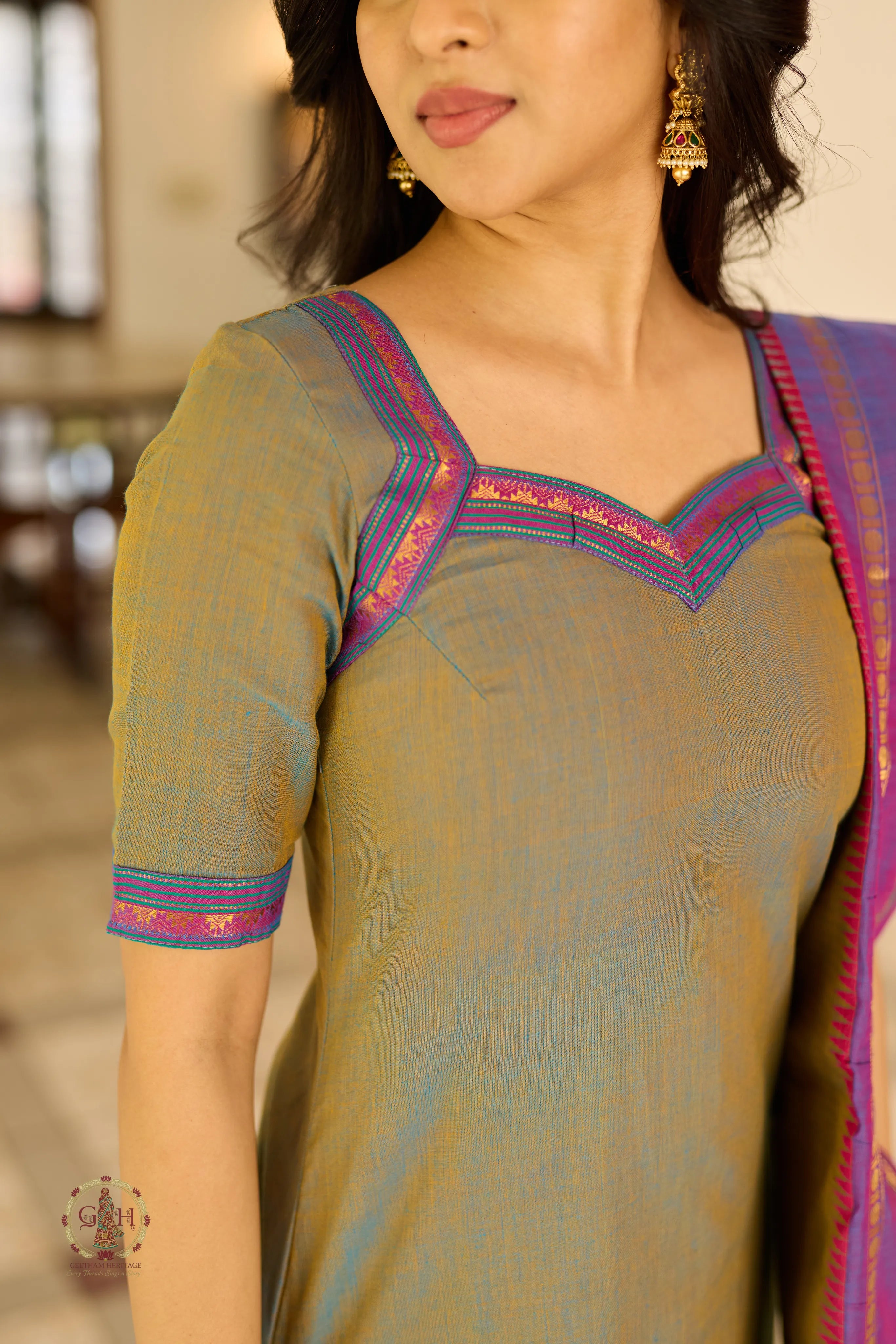 Olive Green Premium Cotton 2 Piece (Top and Dupatta)