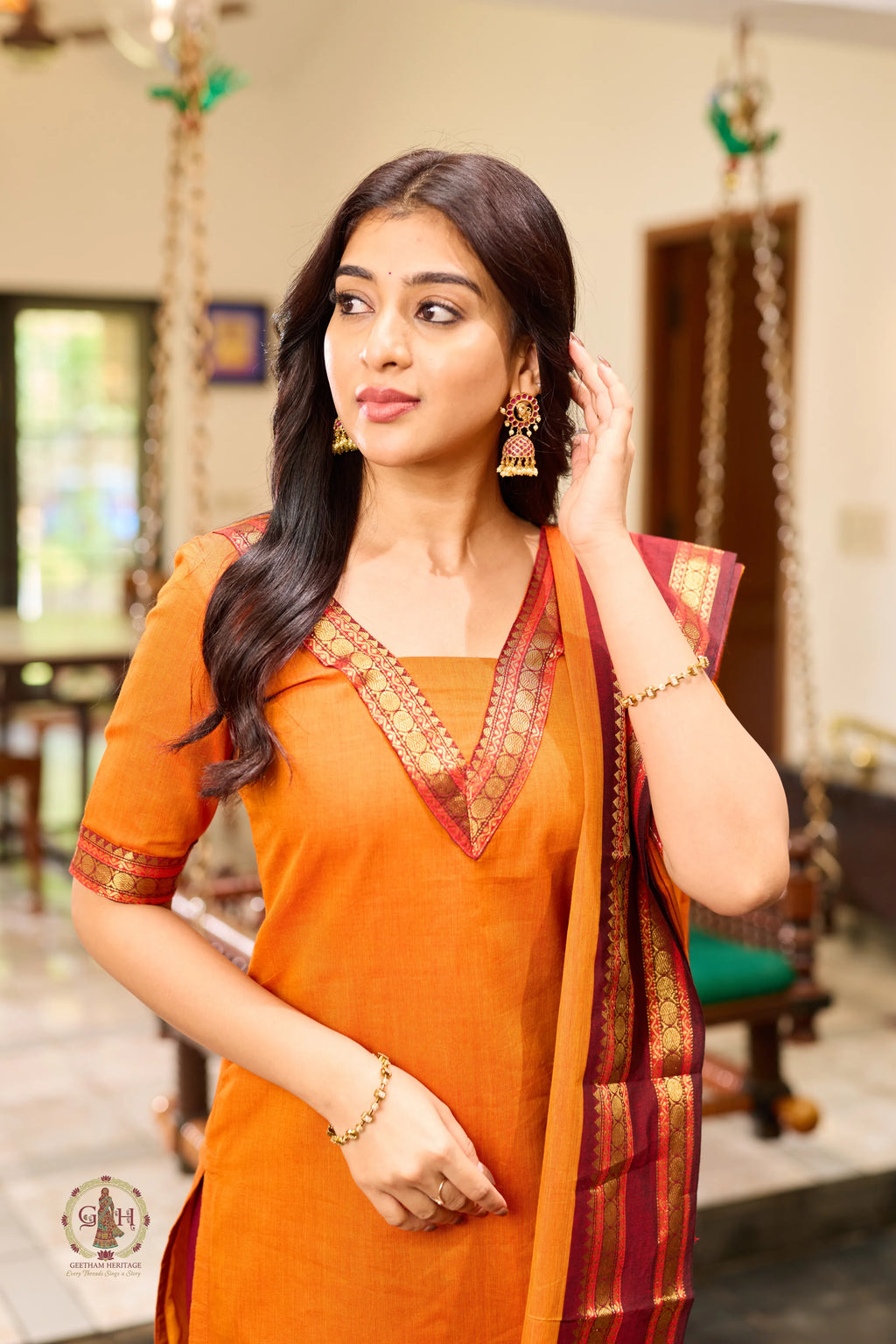 Temple Sunset Premium Cotton 2 Piece (Top and Dupatta)