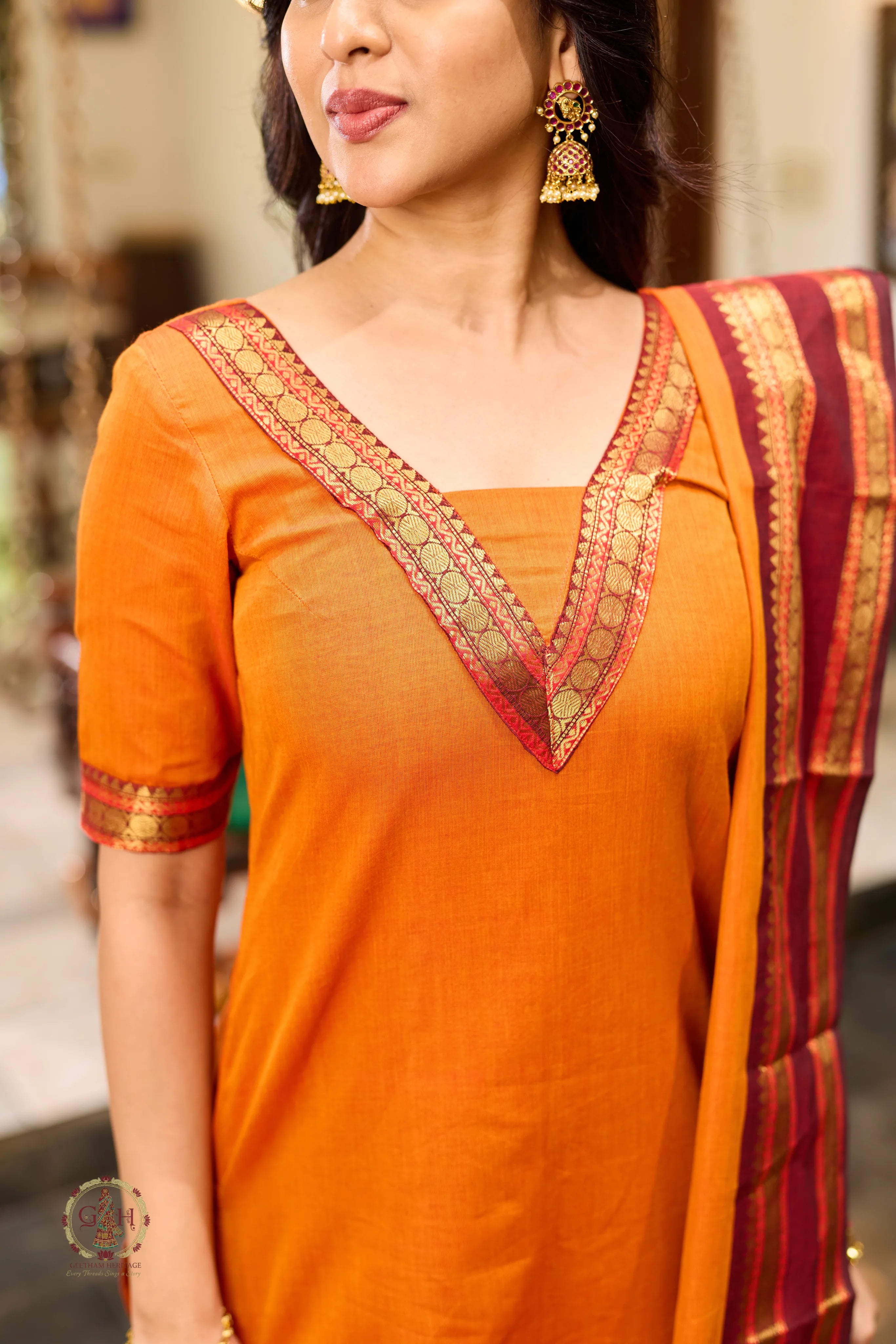 Temple Sunset Premium Cotton 2 Piece (Top and Dupatta)