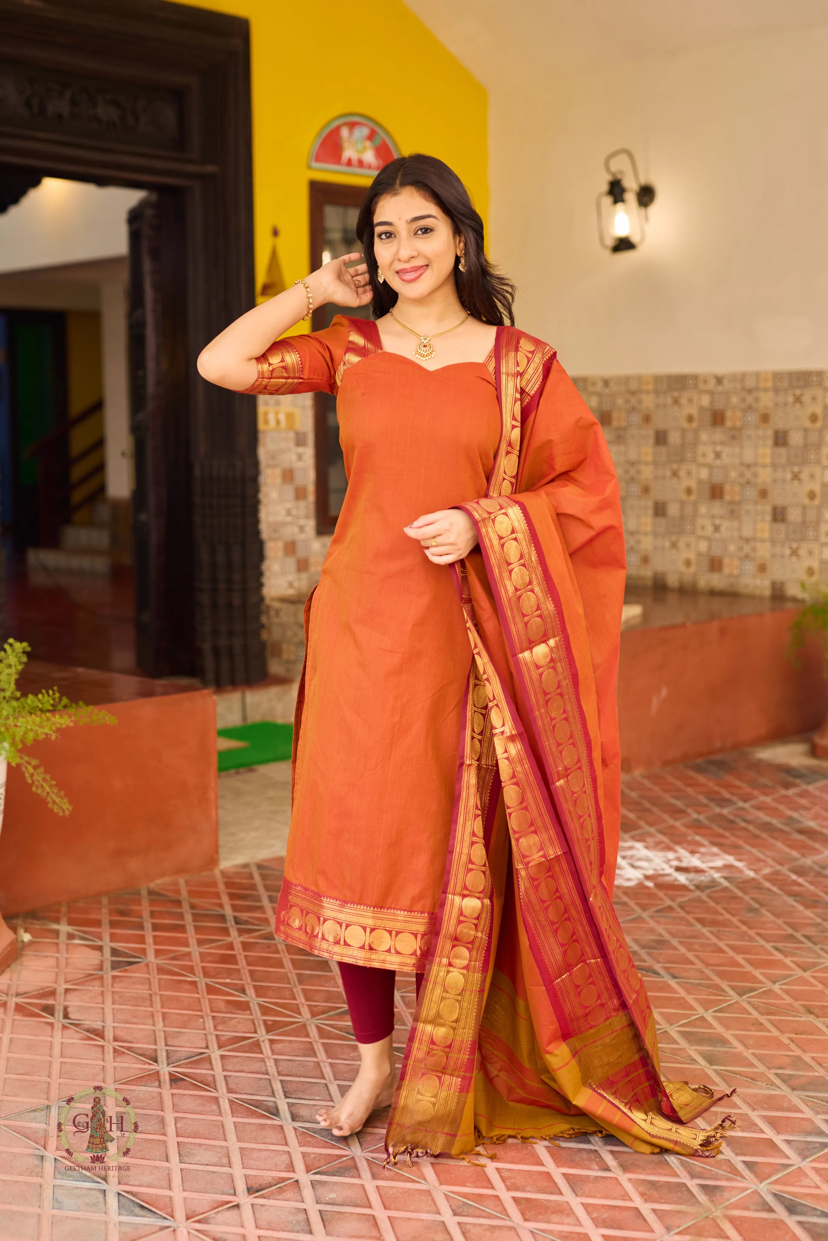 Burnt Orange Premium Cotton 2 Piece (Top and Dupatta)