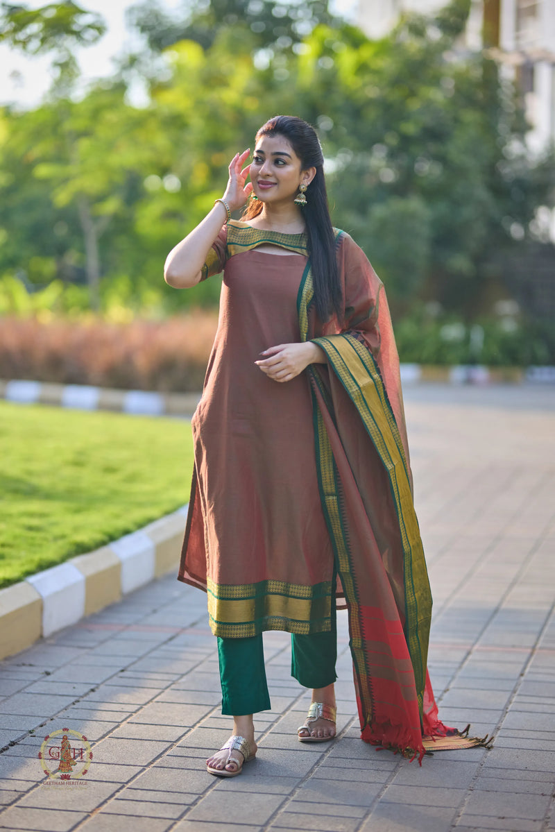 Cocoa Brown Premium Cotton 2 Piece (Top and Dupatta)