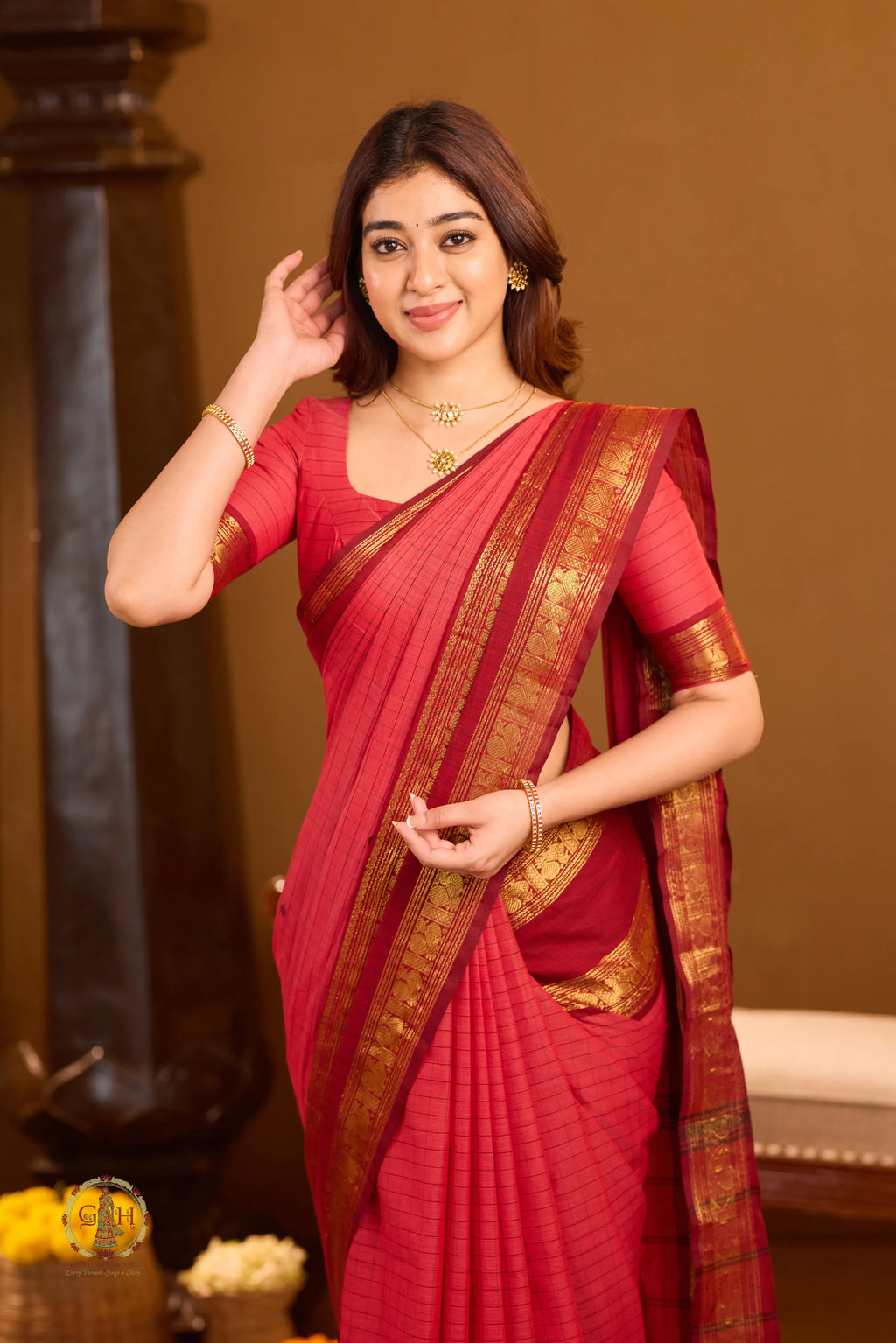 Sindoor Rose Tone With Golden Jari border