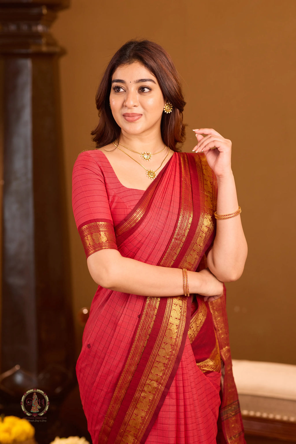 Sindoor Rose Tone With Golden Jari border