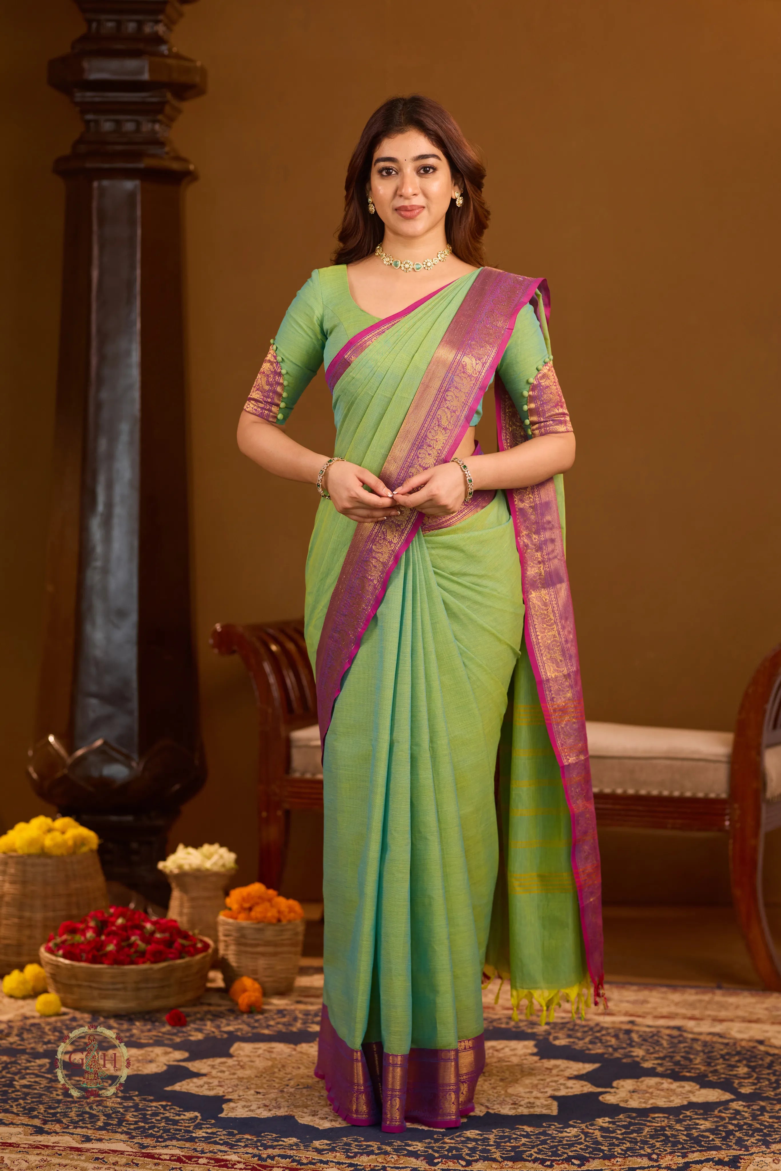 Parrot Green with Violet Annam Zari Border