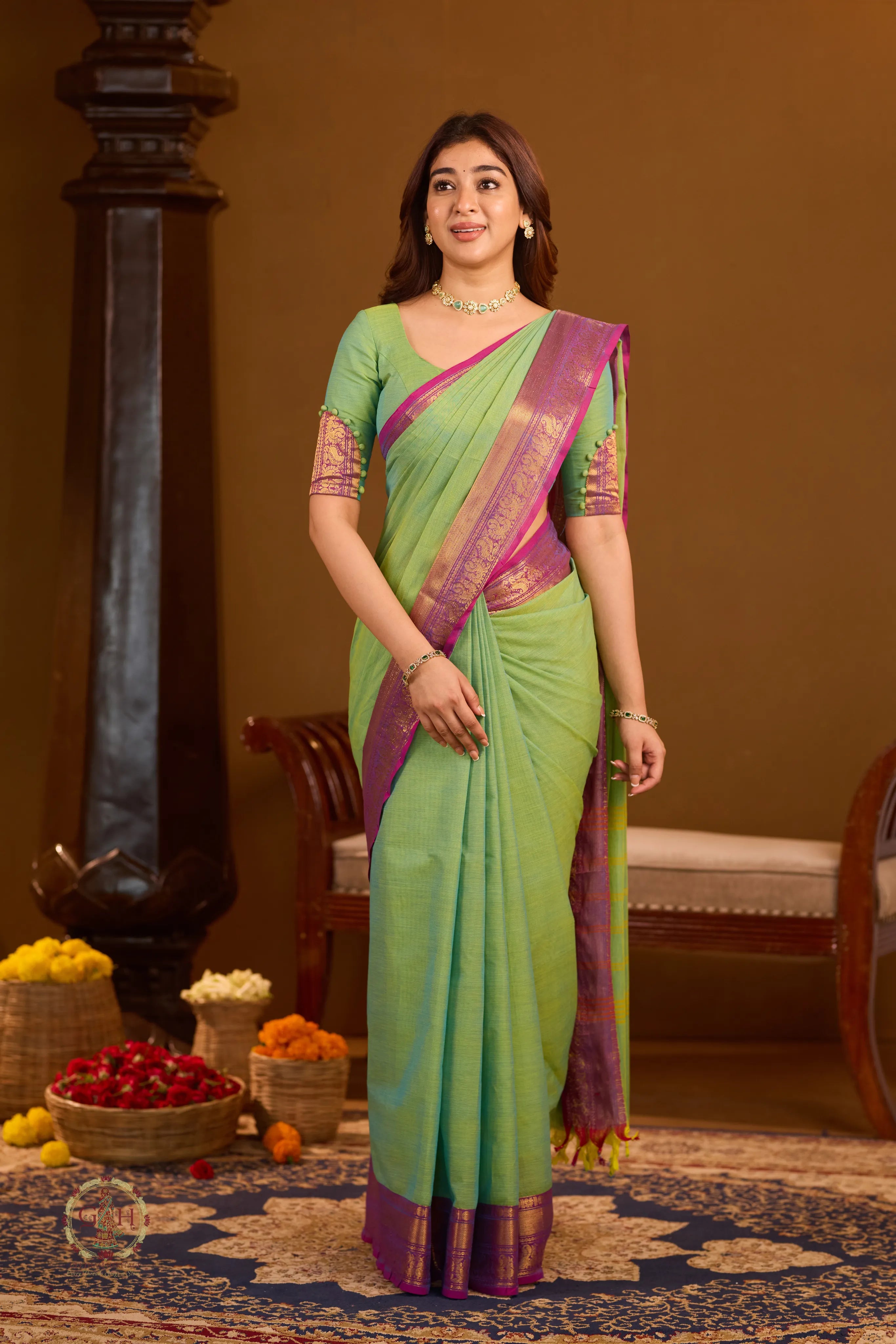 Parrot Green with Violet Annam Zari Border