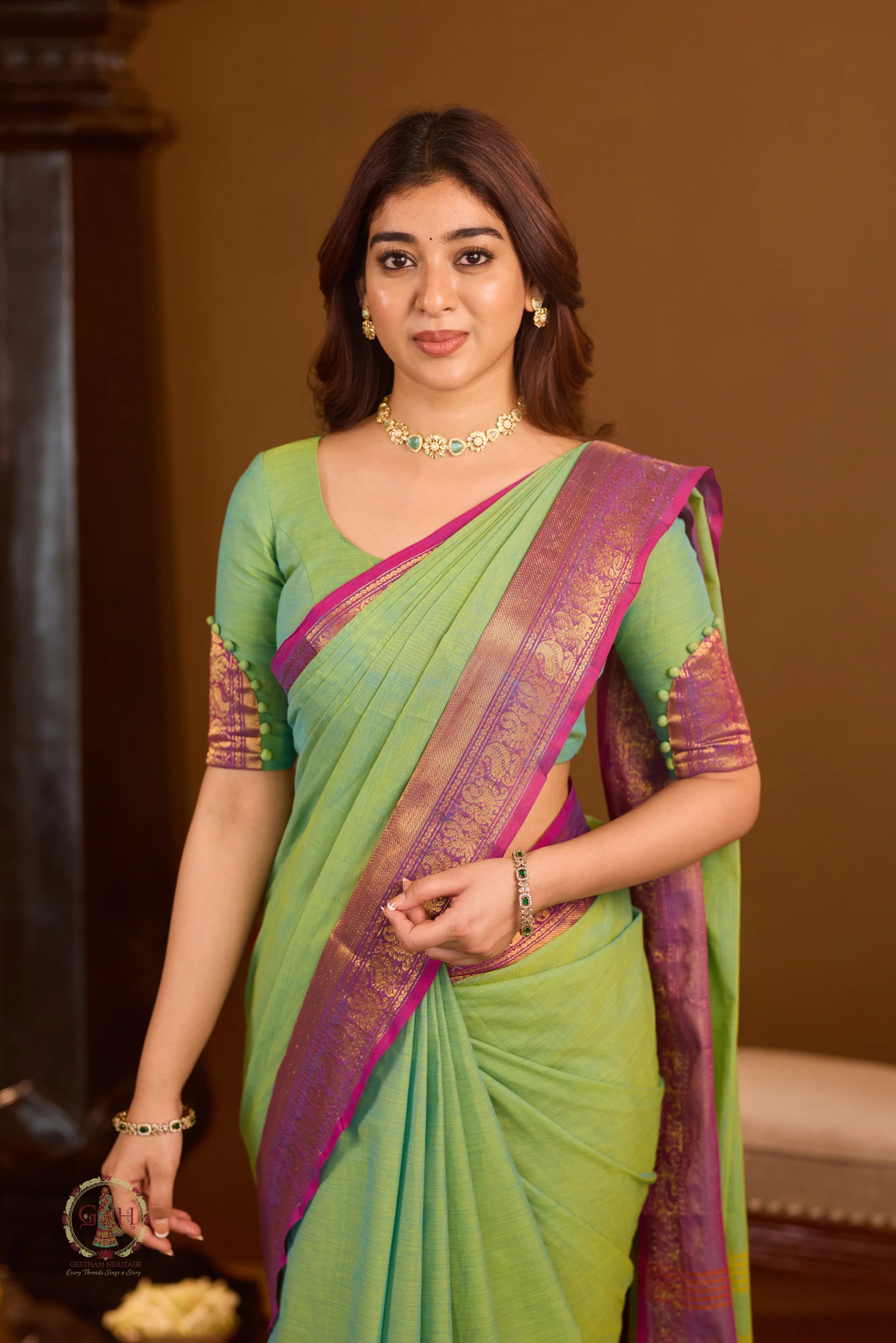Parrot Green with Violet Annam Zari Border