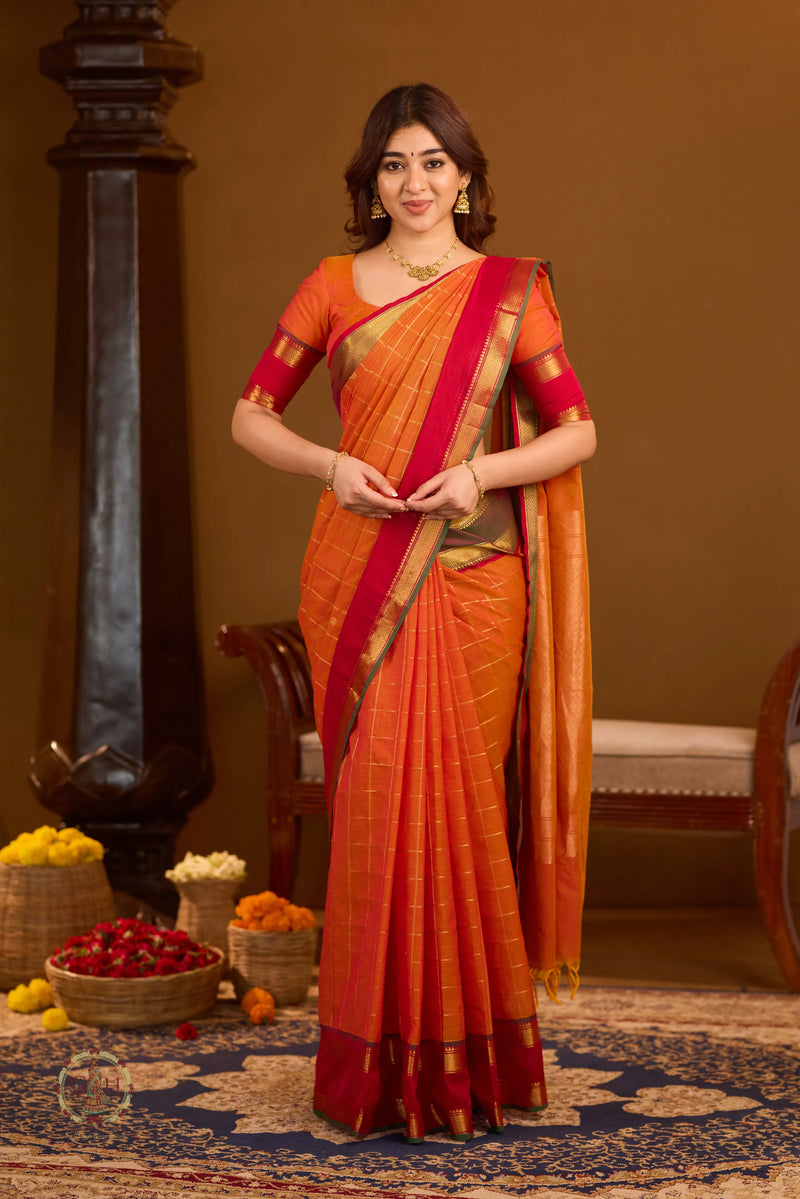 Bright Orange Ganga Jamuna 120 Count Mercerized Rich Pallu Checked