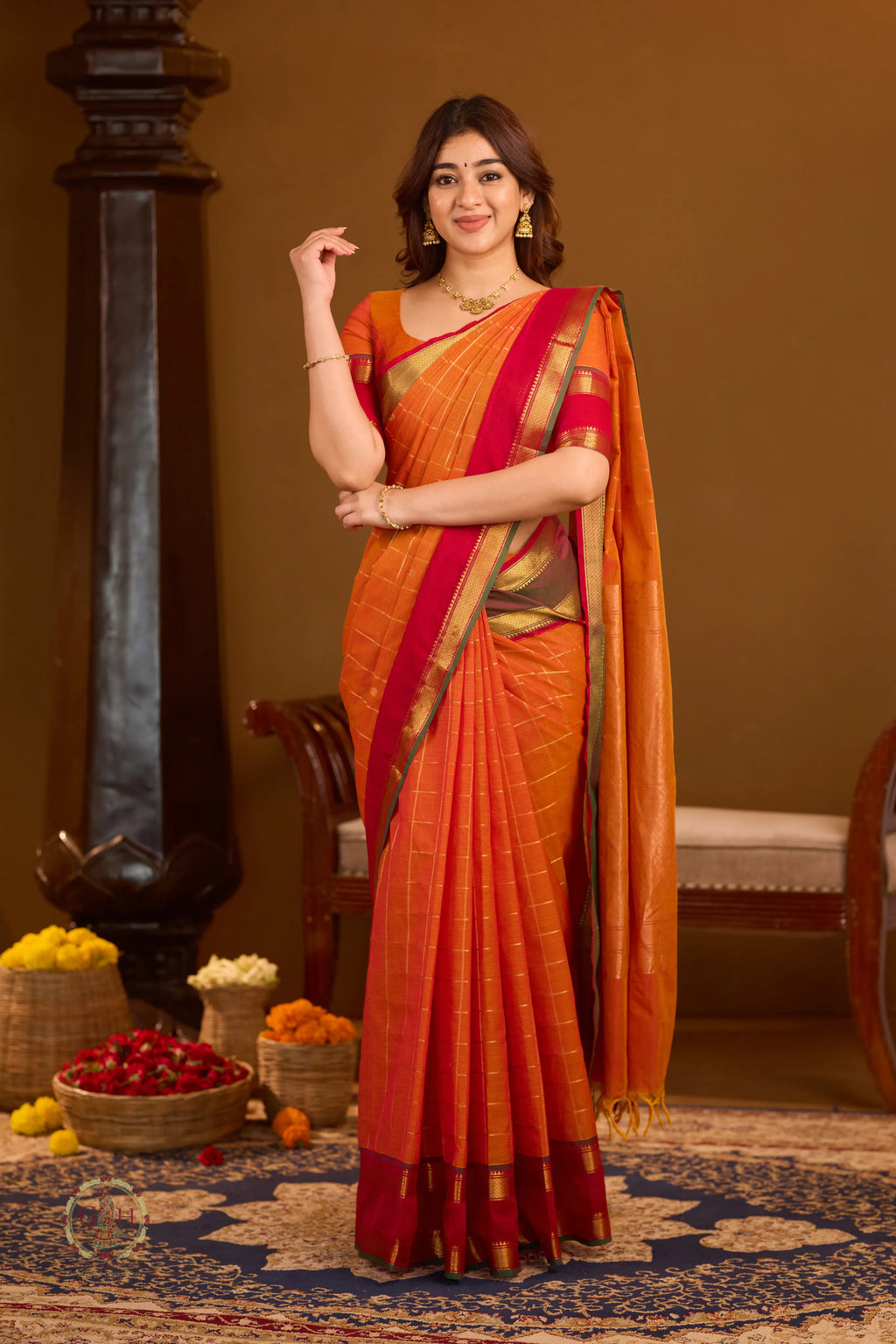 Bright Orange Ganga Jamuna 120 Count Mercerized Rich Pallu Checked