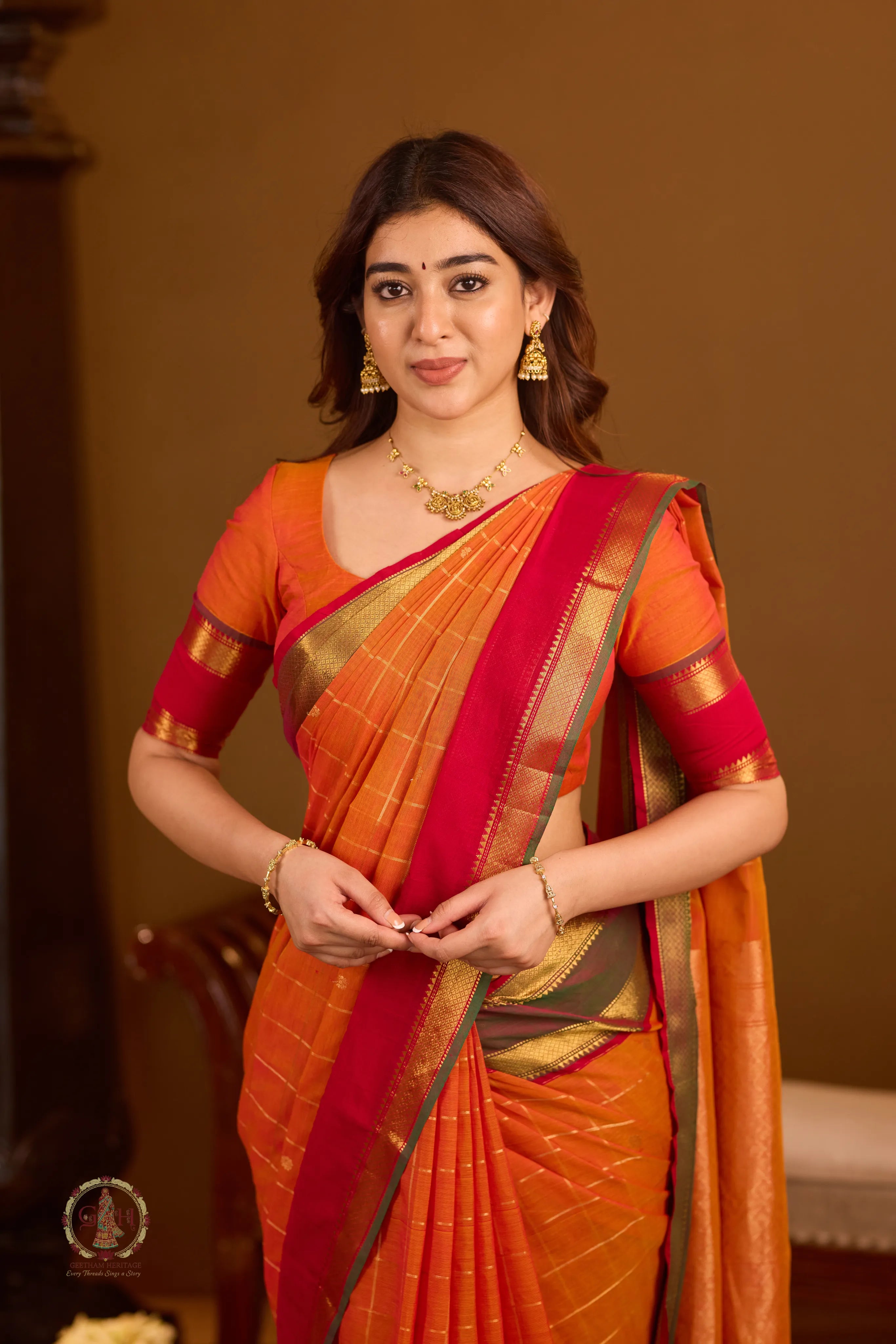 Bright Orange Ganga Jamuna 120 Count Mercerized Rich Pallu Checked
