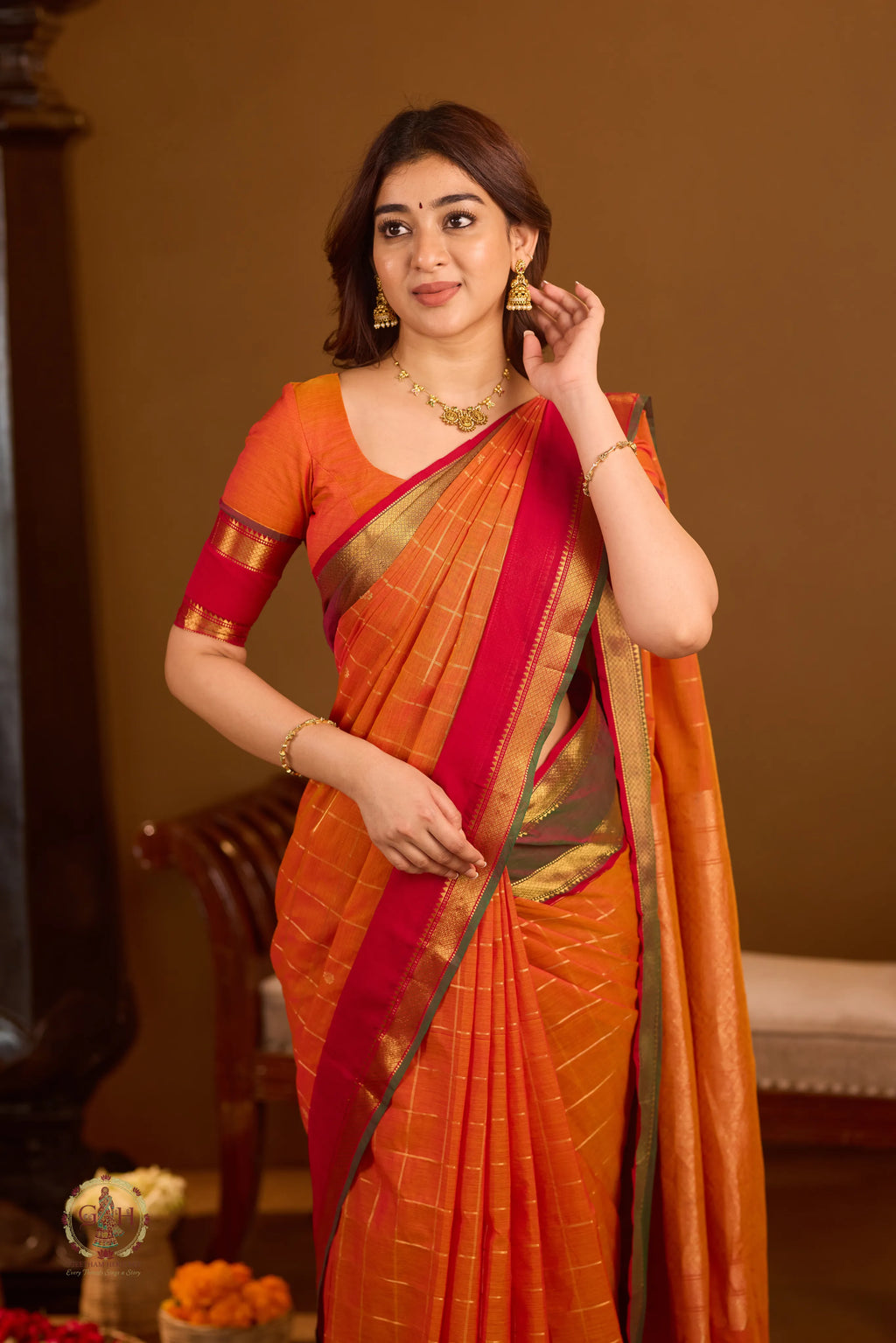 Bright Orange Ganga Jamuna 120 Count Mercerized Rich Pallu Checked