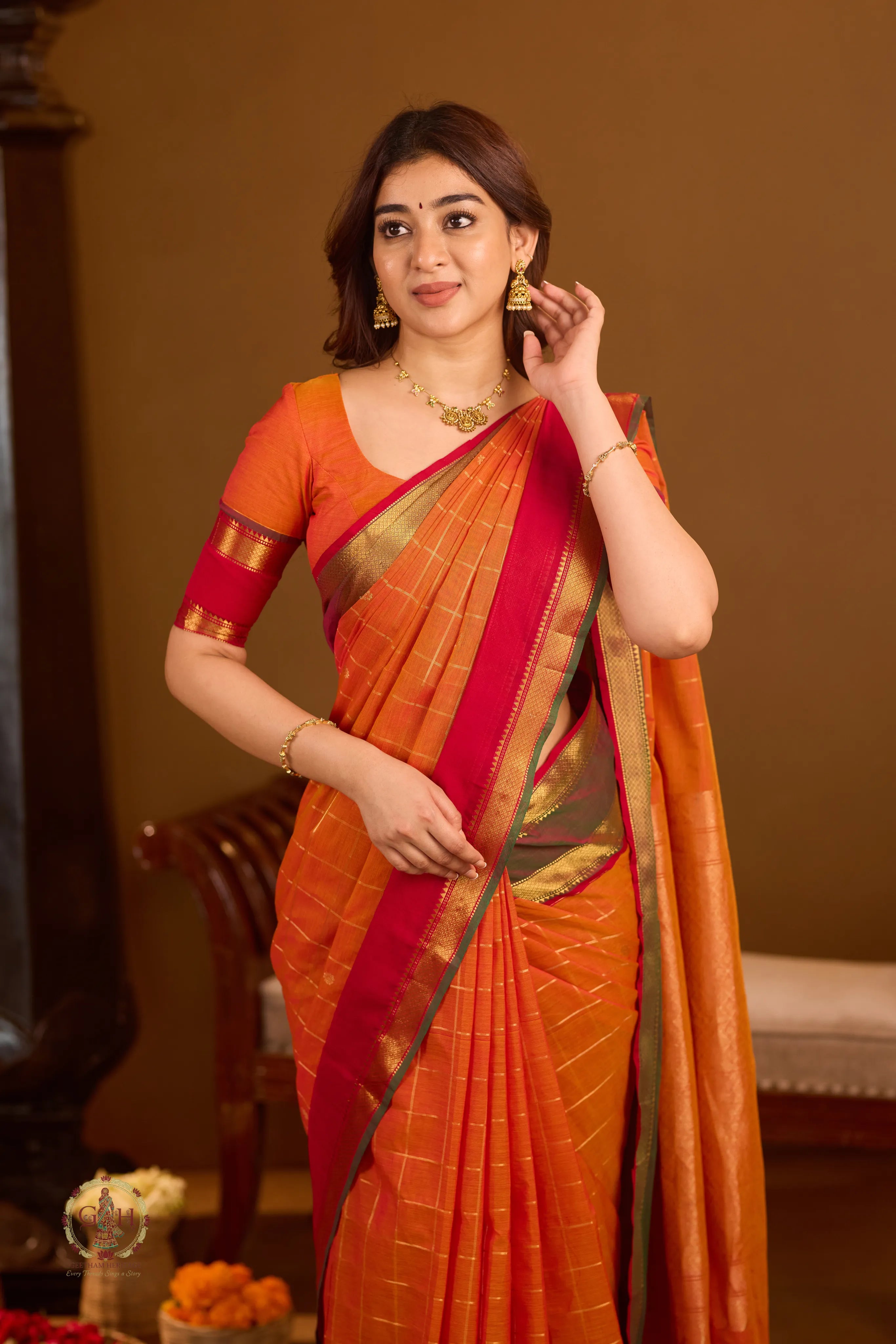 Bright Orange Ganga Jamuna 120 Count Mercerized Rich Pallu Checked