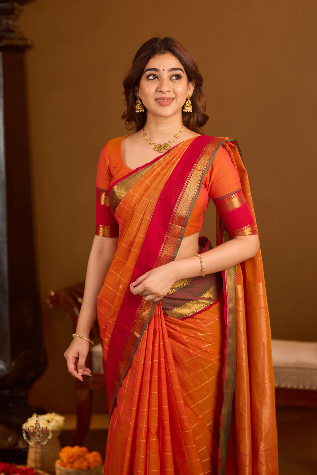 Bright Orange Ganga Jamuna 120 Count Mercerized Rich Pallu Checked